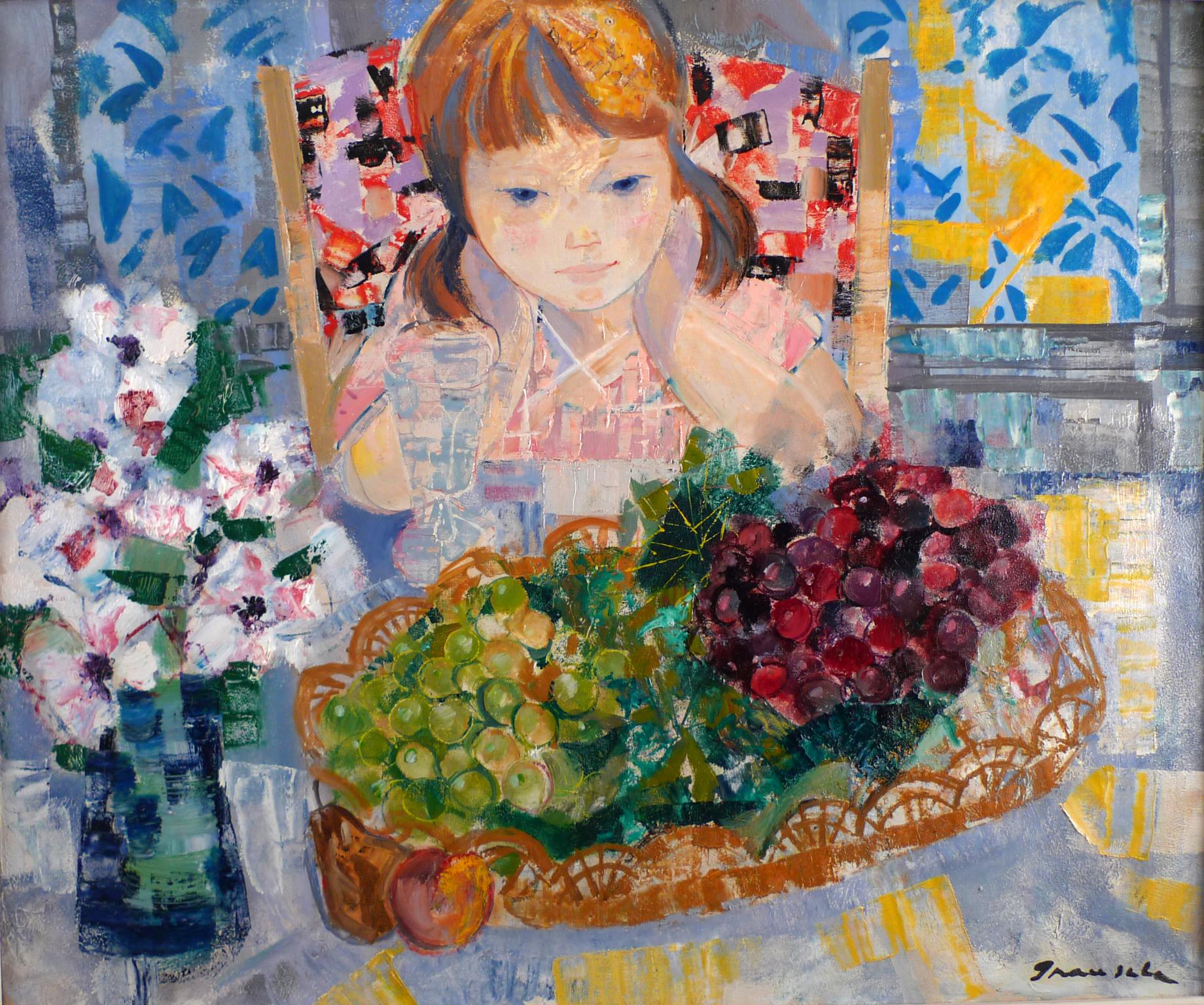 Emilio Grau Sala Interior Painting - "Young Girl at the Table with Grapes and Flowers", Oil on Canvas by E. Grau Sala