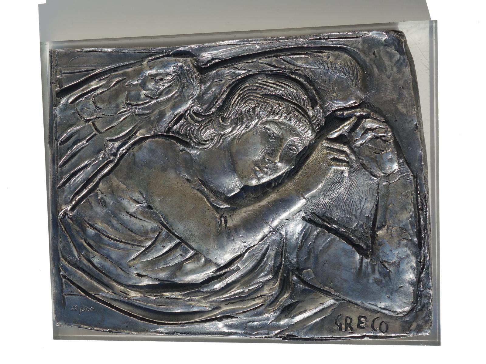 Ange
Emilio Greco
Italie 1980

Bas-relief en métal argenté
Base en plexiglas
Ed 62/300
Signe de l'artiste gravé

Excellente condition

Bas-relief : 24x30 cm
Base en plexiglas : 33x26 cm