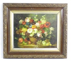 Very Large Classical Oil Still Life Study Of Fruit and Flowers