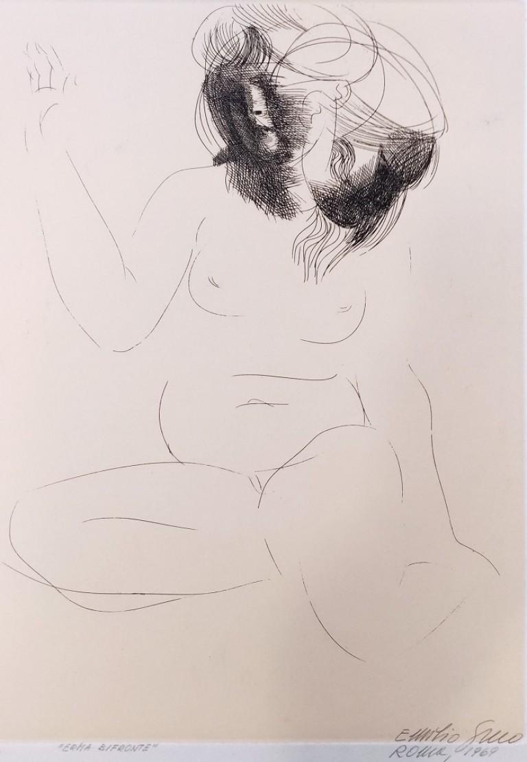 Erma Bifronte in an original etching realized by Emilio Greco in 1969, hand signed, titled and dated in pencil on lower right margin. Artist's proof. Printed and published by Il Bisonte, Florence. Edition of 60 prints. Perfect conditions.

The