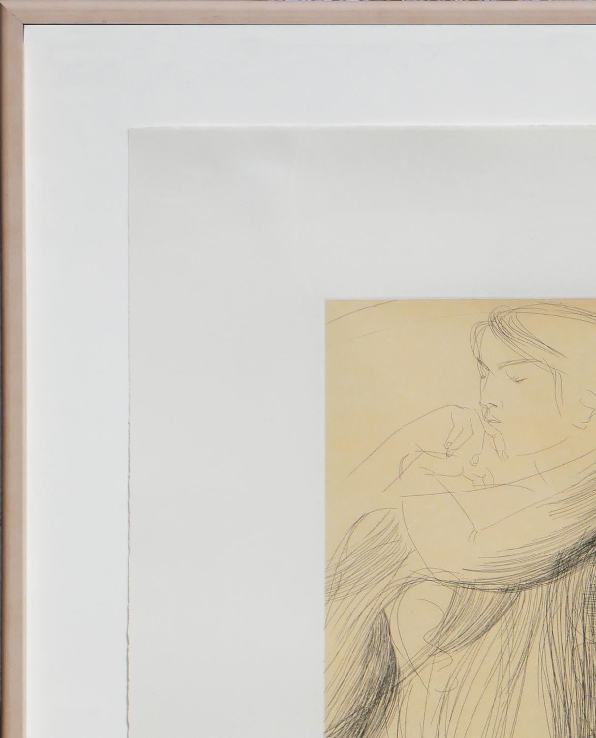 Monochromatic abstract figurative etching by Italian artist Emilio Greco. The piece depicts an image of two women figures on wove paper.  Signed and editioned 98/200 by the artist at the bottom. Glass framed in a natural wooden frame.

This