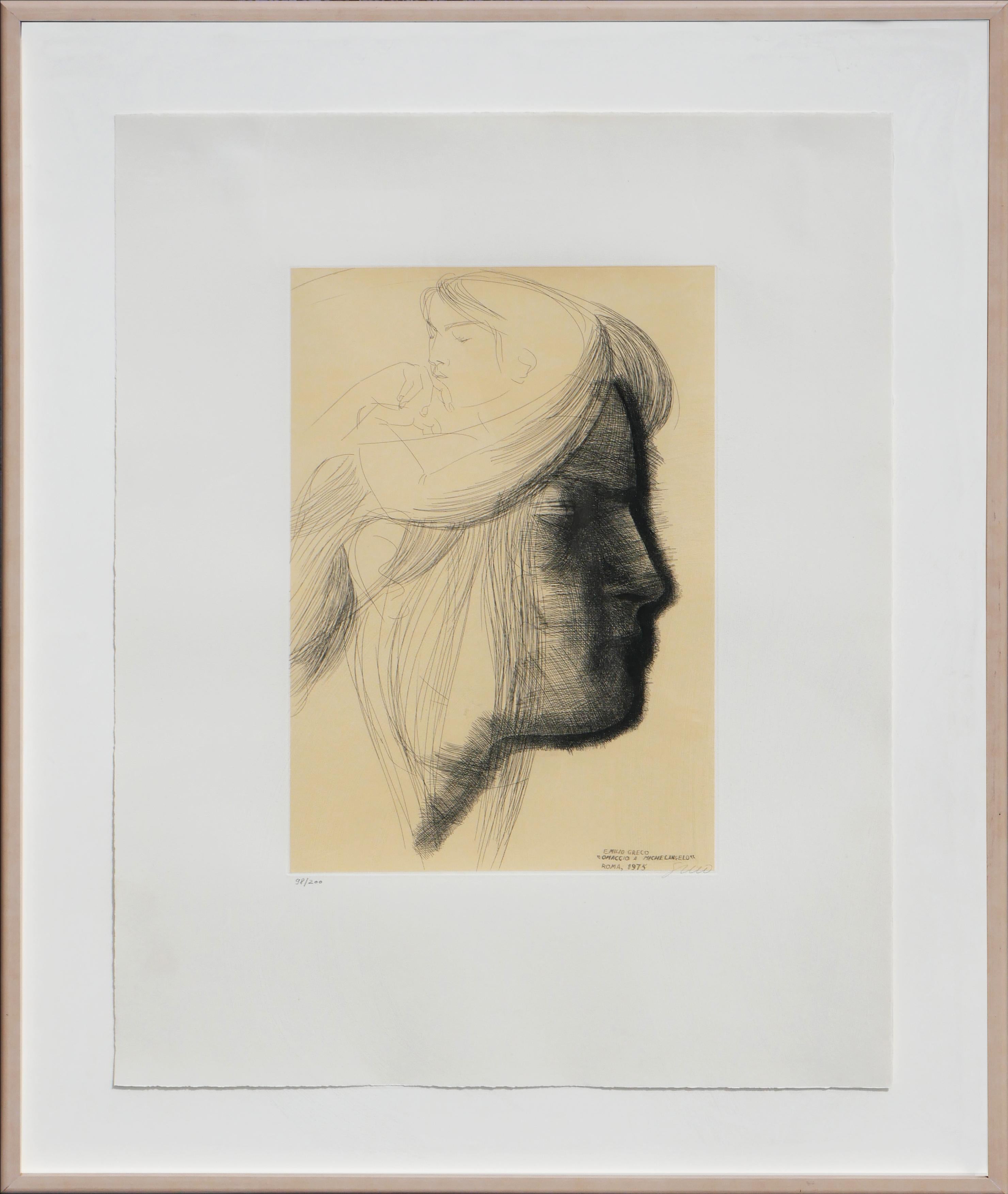 Emilio Greco Figurative Print - "Omaggio a Michelangelo" Monochromatic Abstract Figurative Etching Ed 98/200