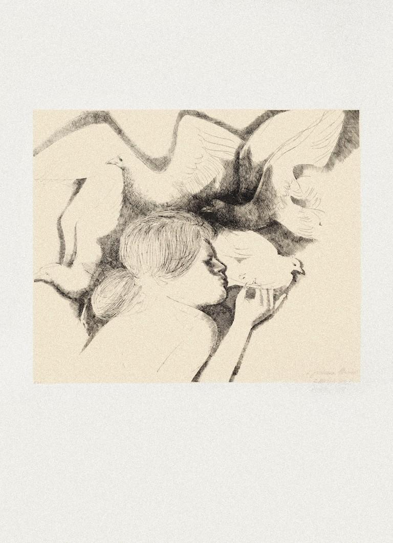 La colombe de la paix est une œuvre d'art originale à l'eau-forte réalisée en 1983 par Emilio Greco.

Signé à la main en bas à droite et daté avec la dédicace par l'artiste.

Épreuve d'artiste, en bas à gauche au crayon.

En très bonnes conditions
