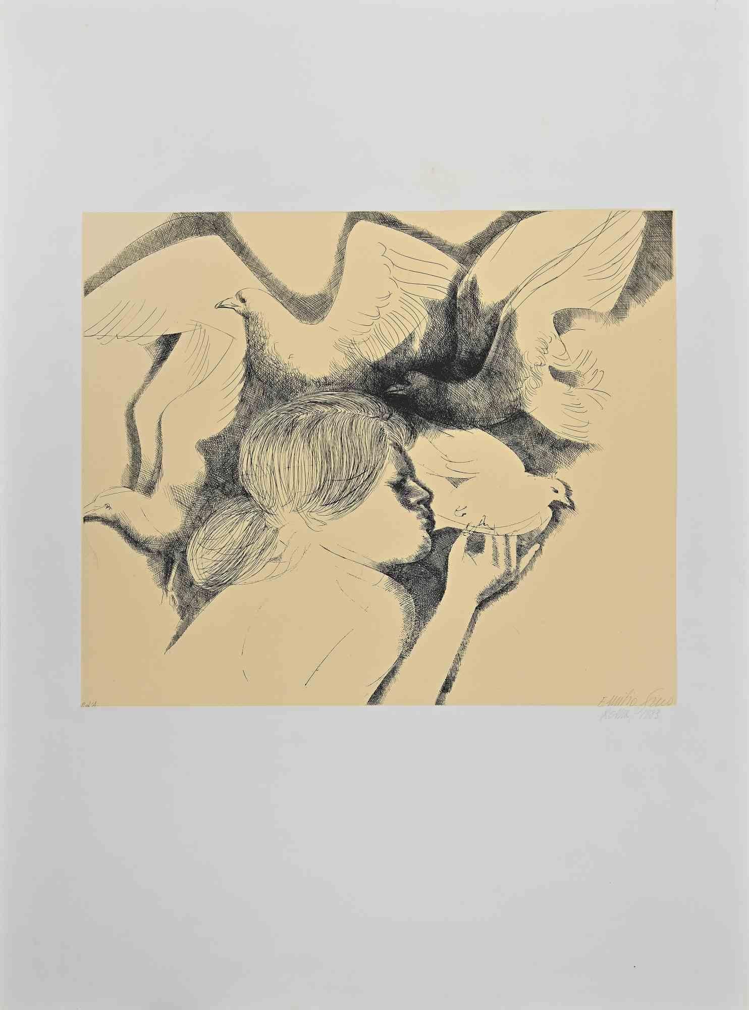 Les Pigeons est une gravure réalisée par Emilio Greco en 1983.

Signé à la main, daté de 1983, Rome.

Edition pda.

Bon état.

Emilio Greco (11 octobre 1913 à Catane, Sicile - 5 avril 1995) était un sculpteur, graveur, médailleur, écrivain et poète