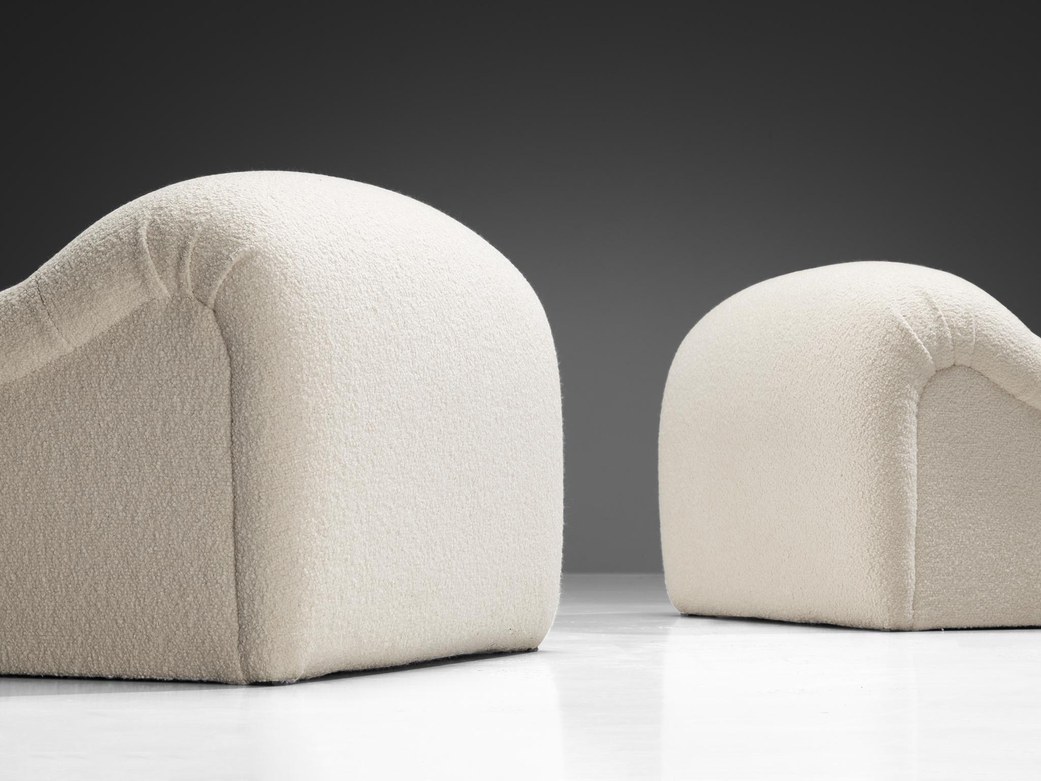 Post-Modern Emilio Guarnacci for 1P Pair of 'Ecuba' Lounge Chairs in White Bouclé  For Sale
