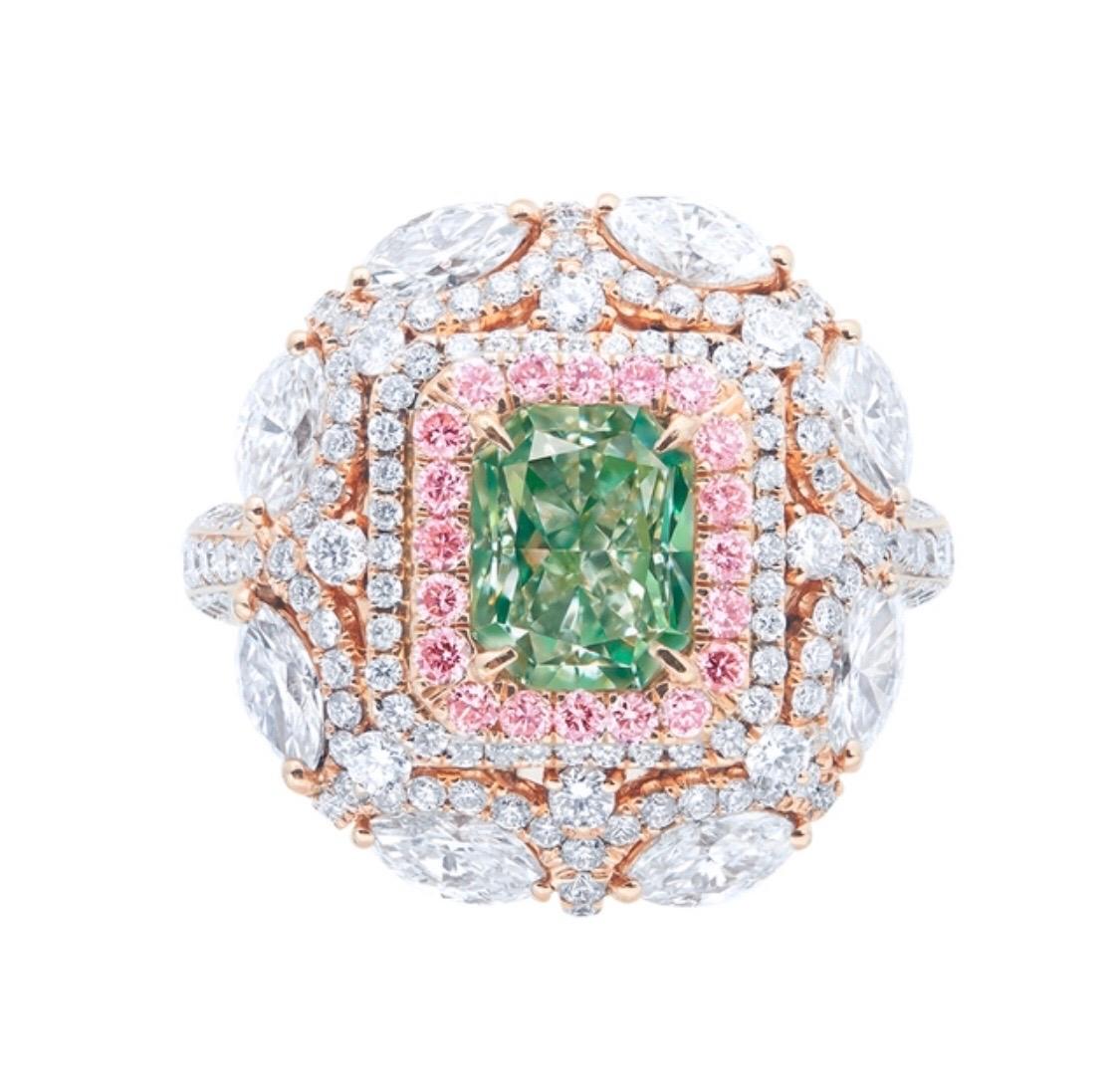 Showcasing a very special certified 1.50 carat natural fancy straight green diamond ring certified by GIA. Hand made in the Emilio Jewelry Atelier, whom specializes in rare collectible pieces in the Natural ultra rare fancy colored Diamond