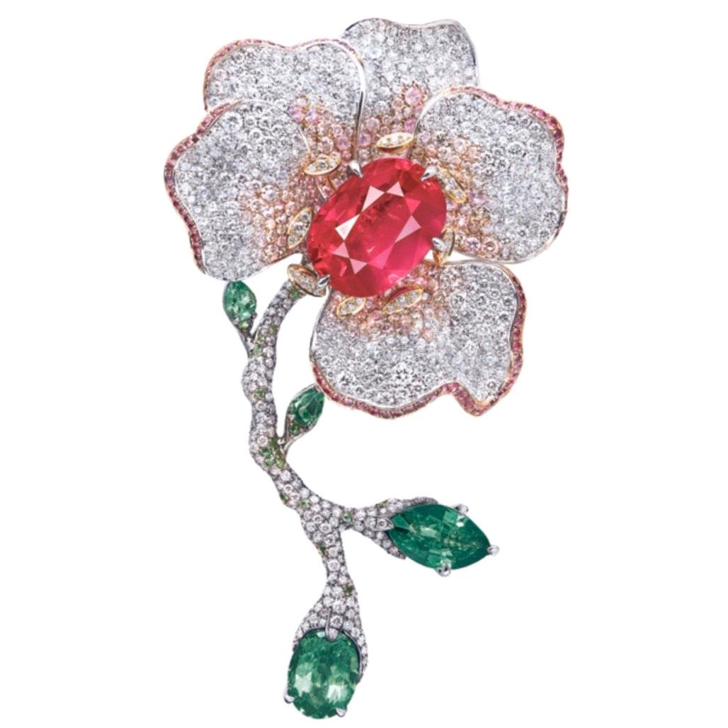 Broche en rubis birman non chauffé certifié 10 carats d'Emilio Jewelry