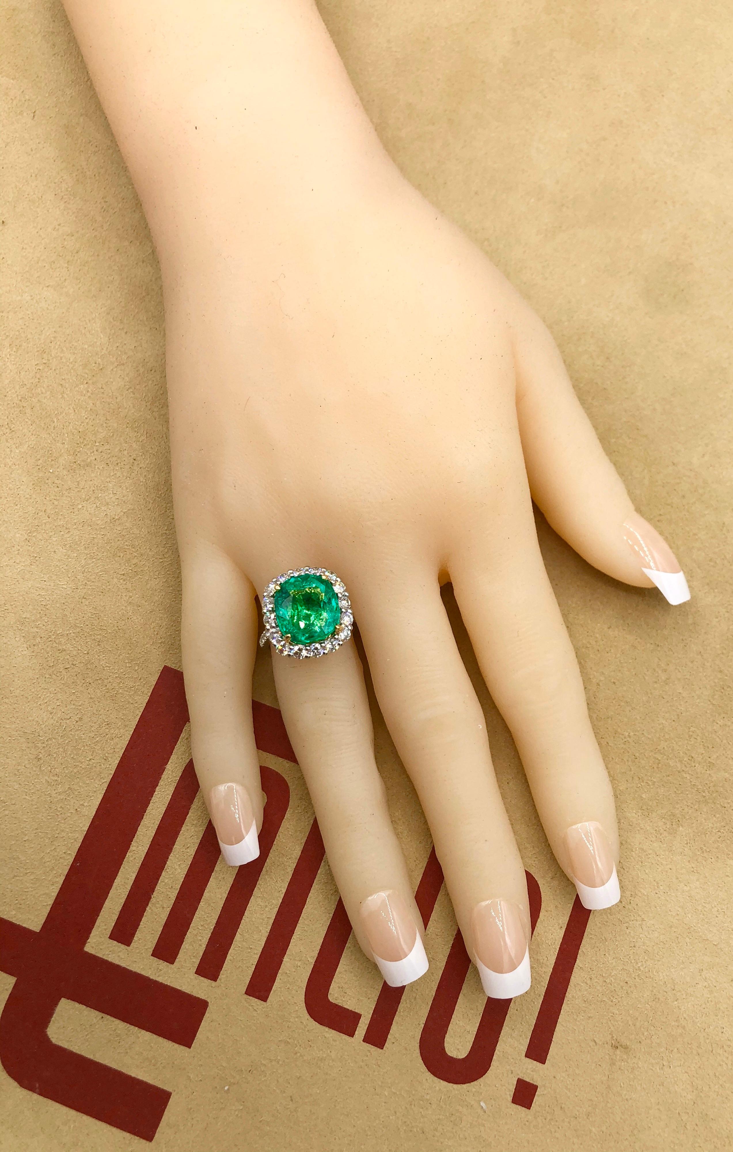 Emilio Jewelry 11.75 Carat Colombian Emerald Diamond Ring For Sale 4
