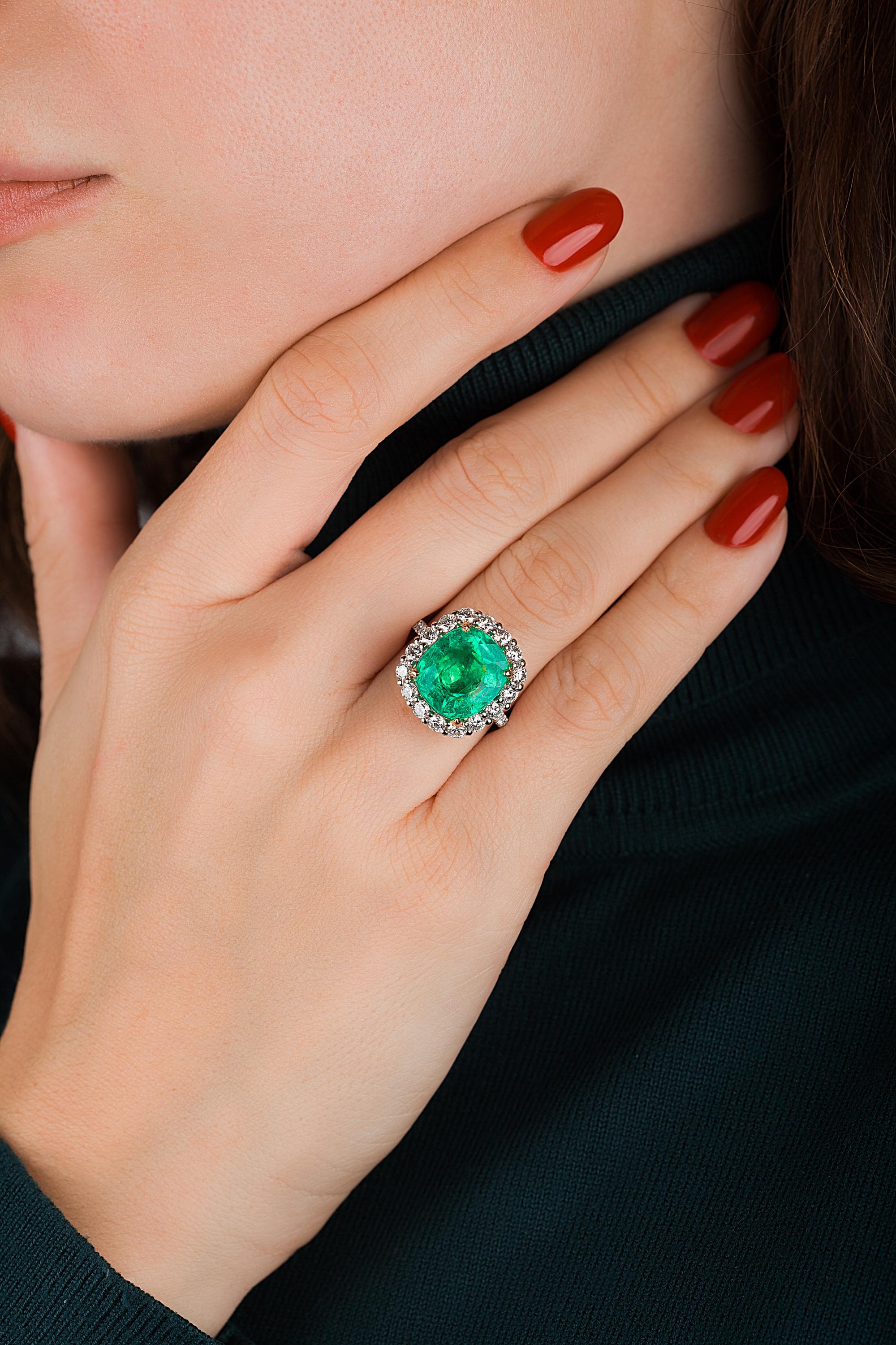 Cushion Cut Emilio Jewelry 11.75 Carat Colombian Emerald Diamond Ring For Sale