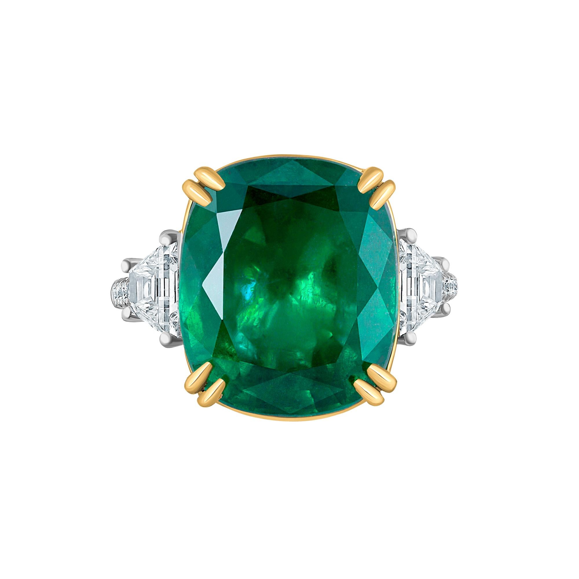 Emilio Jewelry 12.43 Carat Certified Vivid Green Cushion Emerald Diamond Ring For Sale 1