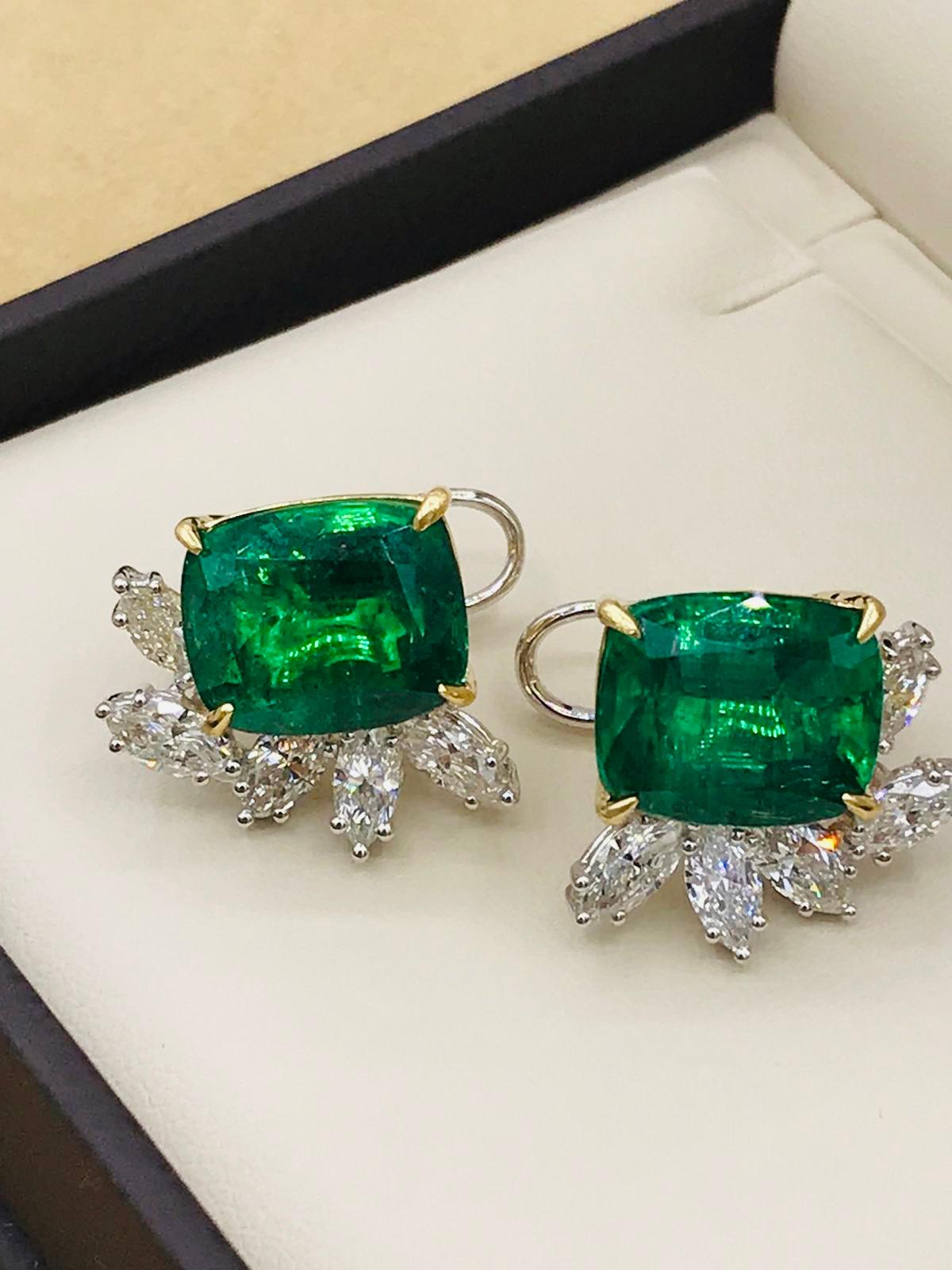 Emilio Jewelry 14.62 Carat Certified Vivid Green Emerald Diamond Earrings For Sale 1