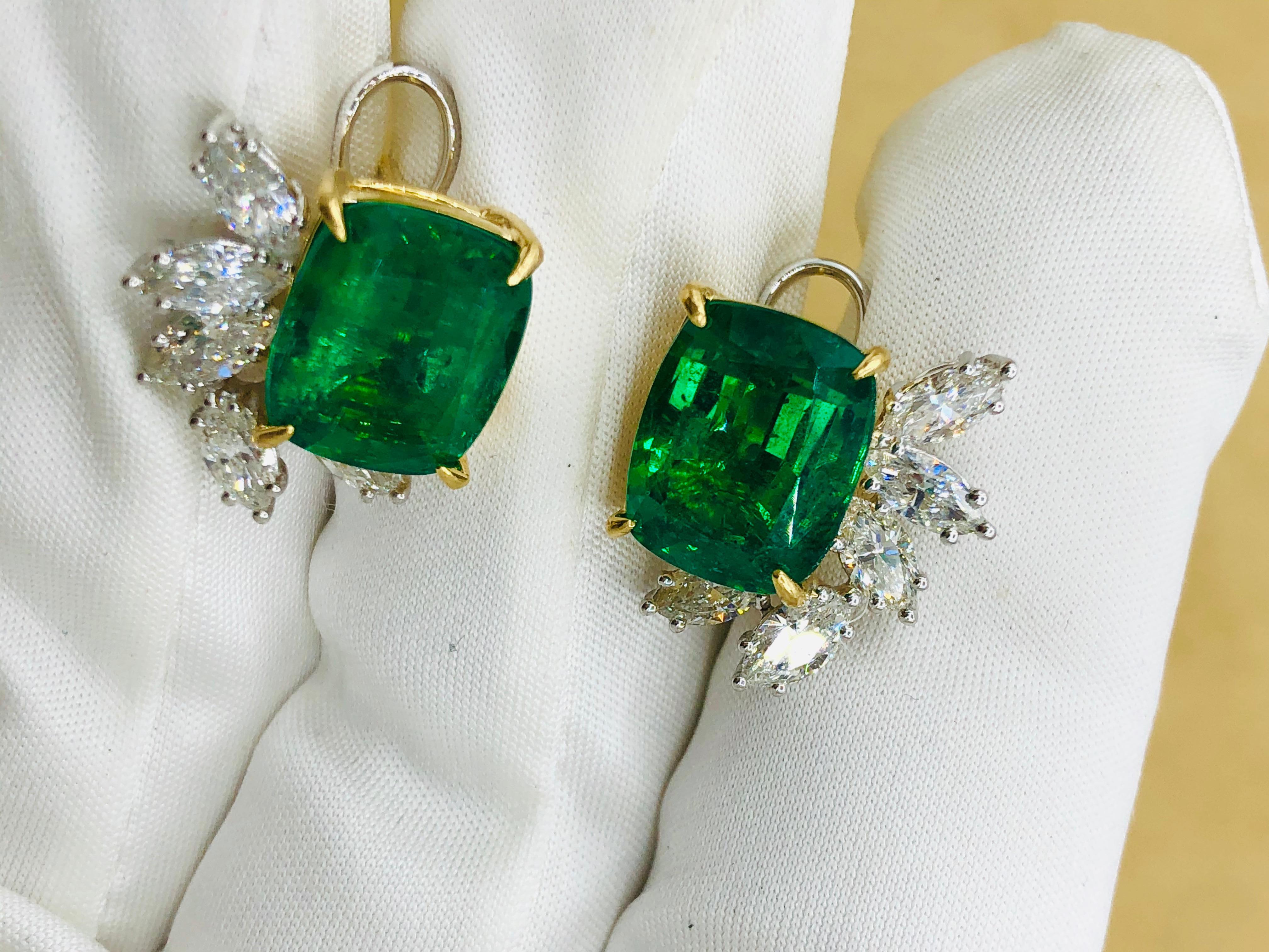 Emilio Jewelry 14.62 Carat Certified Vivid Green Emerald Diamond Earrings For Sale 2