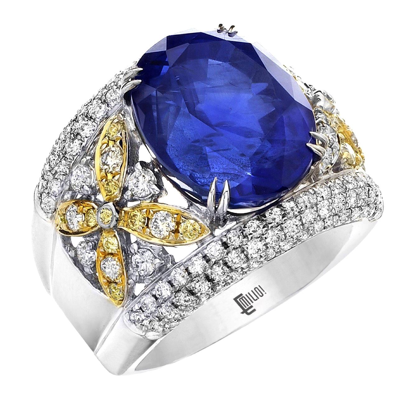Emilio Jewelry 17.00 Carat AGL Certified Unheated Ceylon Sapphire Diamond Ring