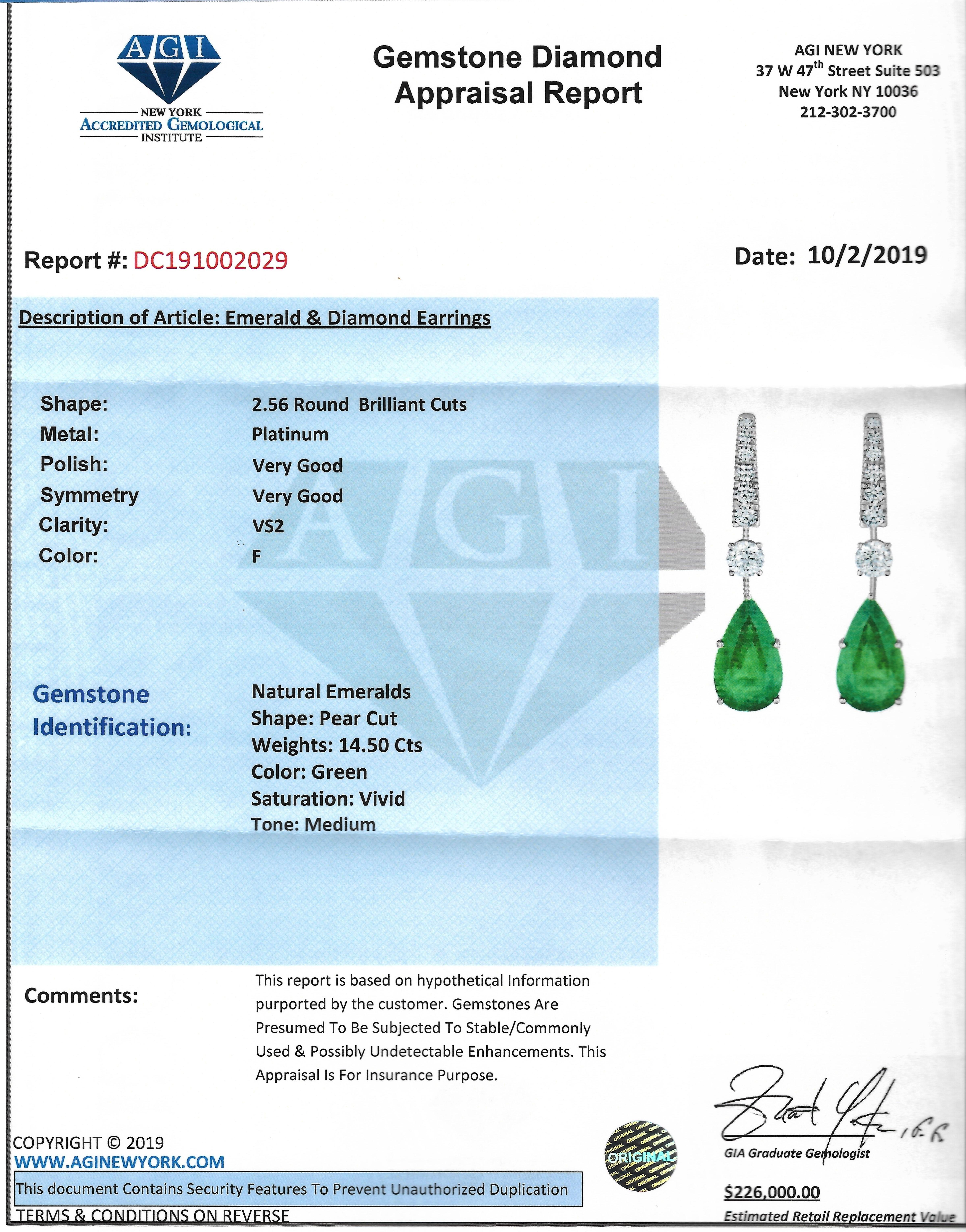 Emilio Jewelry 17.06 Carat Vivid Green Pear Shape Emerald Diamond Earrings 2