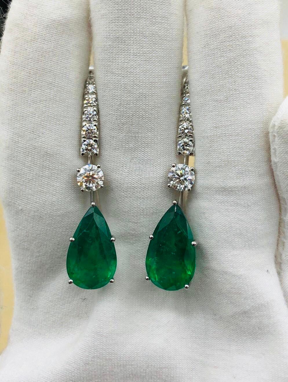Emilio Jewelry 17.06 Carat Vivid Green Pear Shape Emerald Diamond Earrings 7