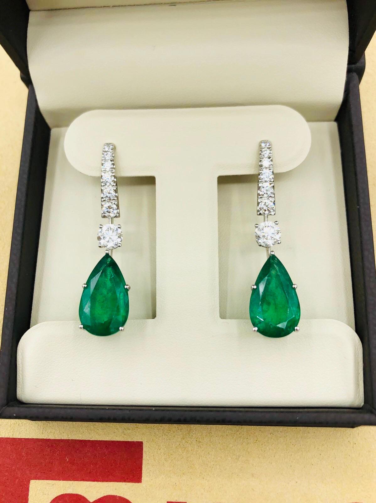 Emilio Jewelry 17.06 Carat Vivid Green Pear Shape Emerald Diamond Earrings 1