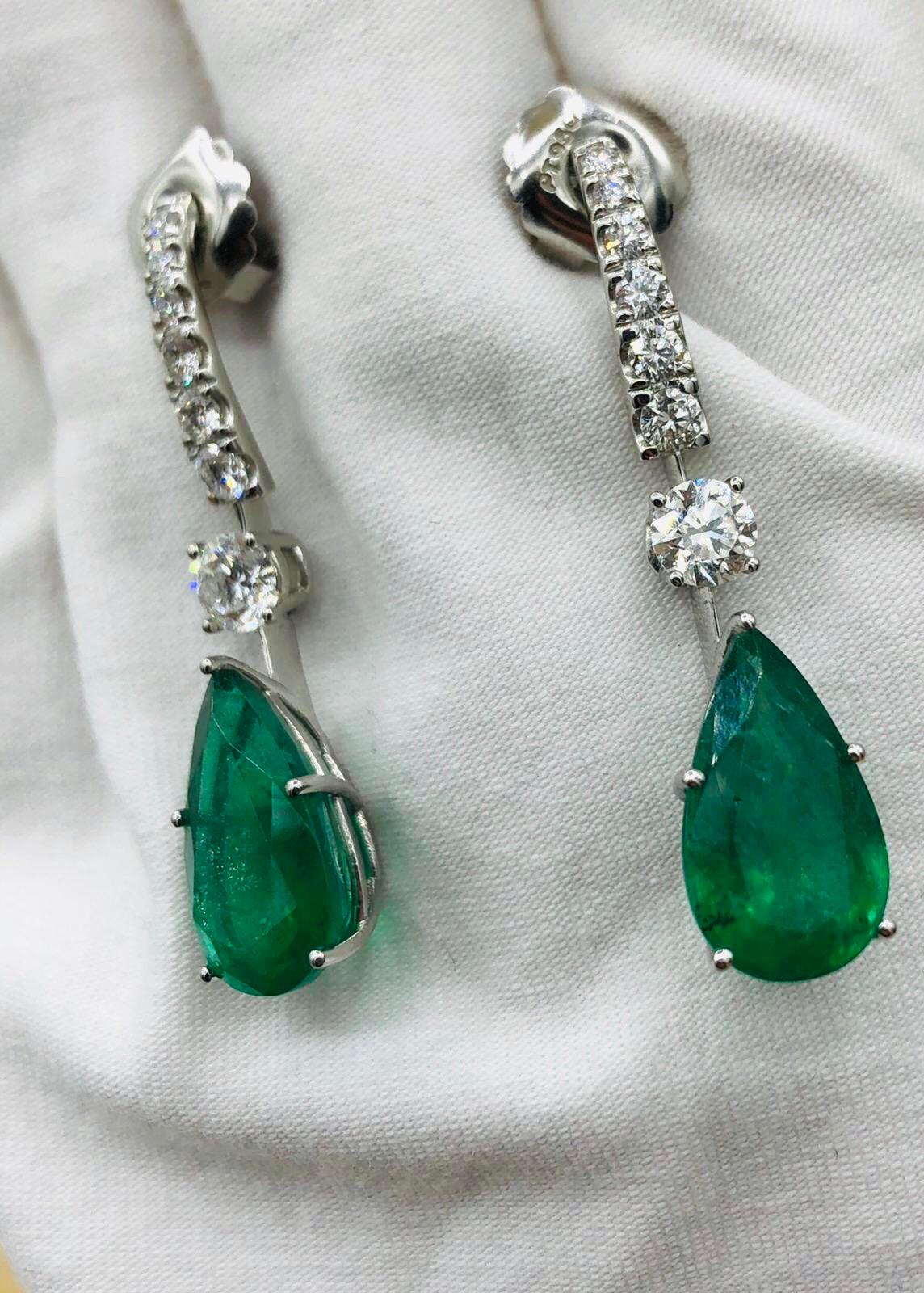 Emilio Jewelry 17.06 Carat Vivid Green Pear Shape Emerald Diamond Earrings 4