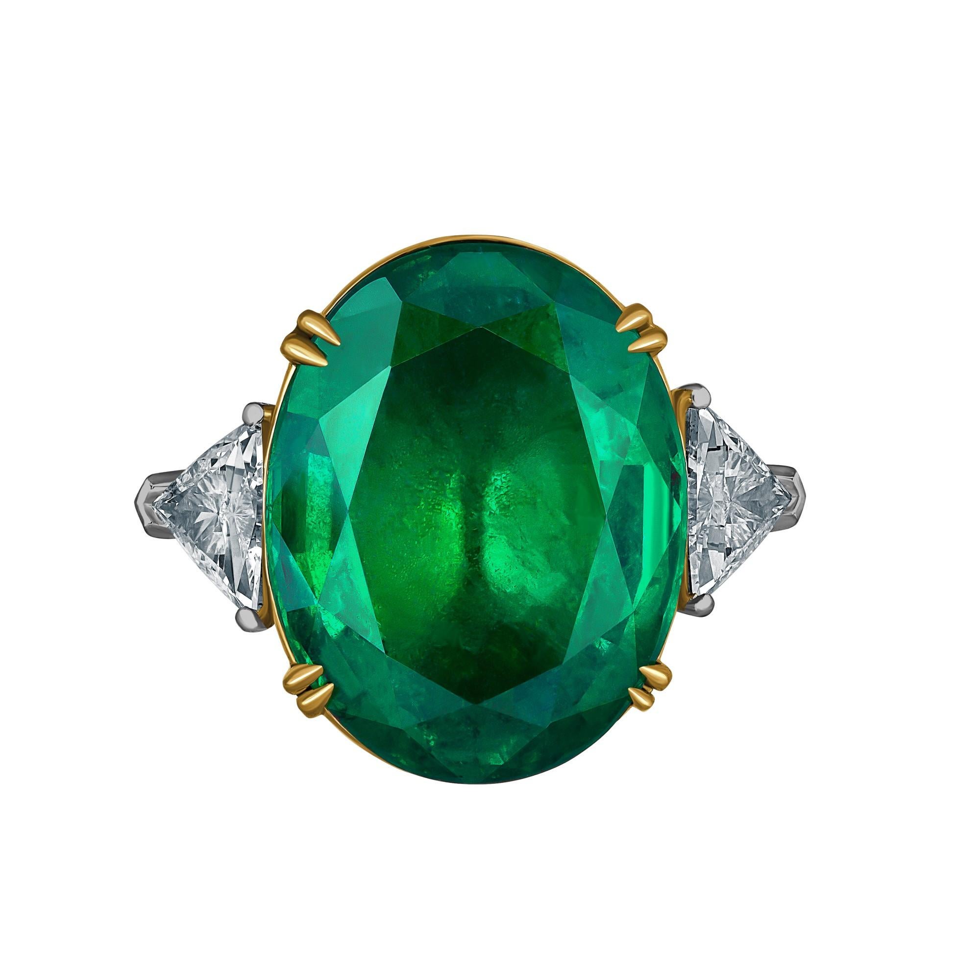 Emilio Jewelry 17.37 Carat Vivid Green Oval Emerald Diamond Ring 
This amazing ring is unique and well thought out before Emilio designed it! Most women today want a ring that is striking, yet humble enough to wear to perform everyday errands. This