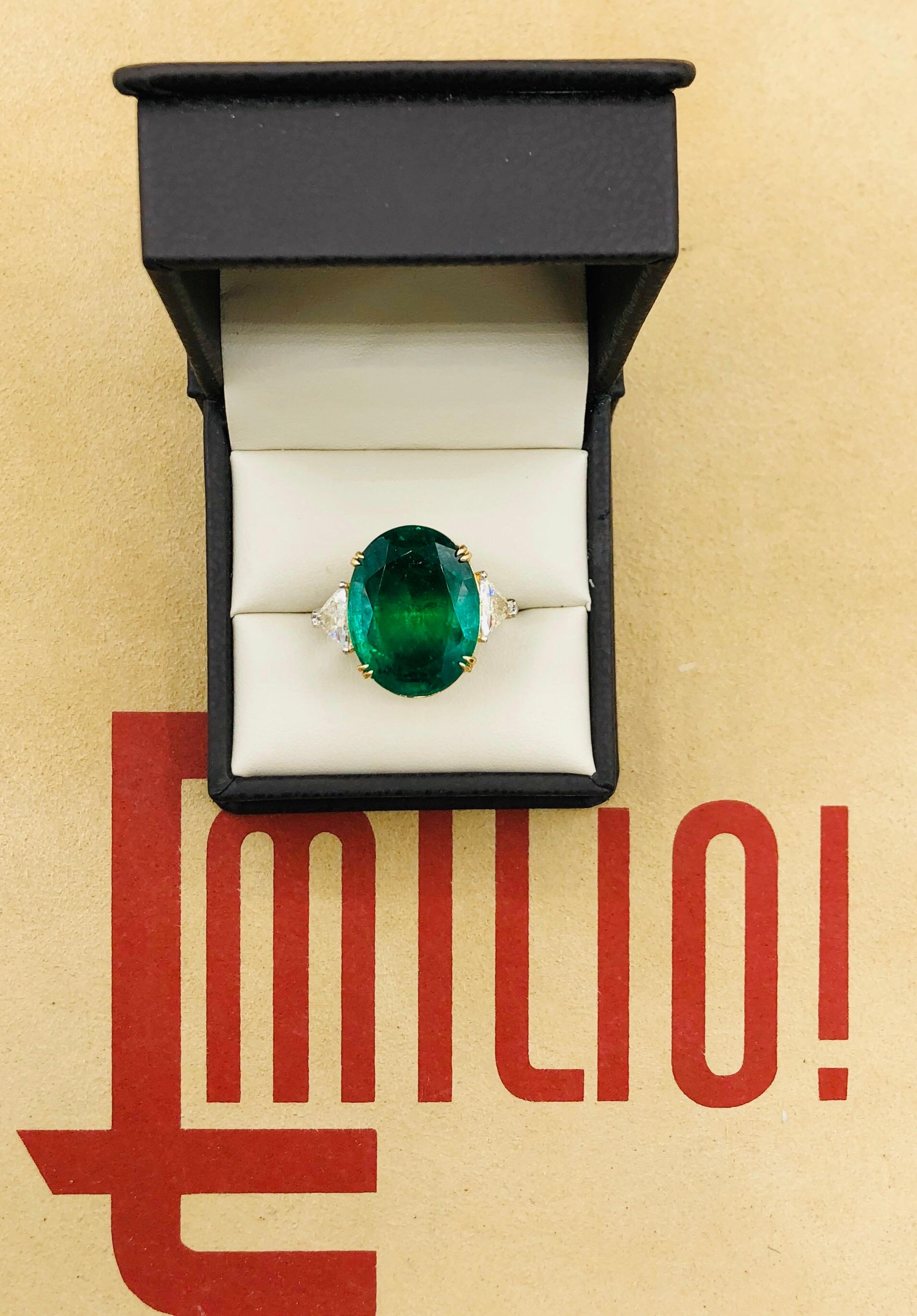 Emilio Jewelry 17.37 Carat Vivid Green Oval Emerald Diamond Ring In New Condition For Sale In New York, NY