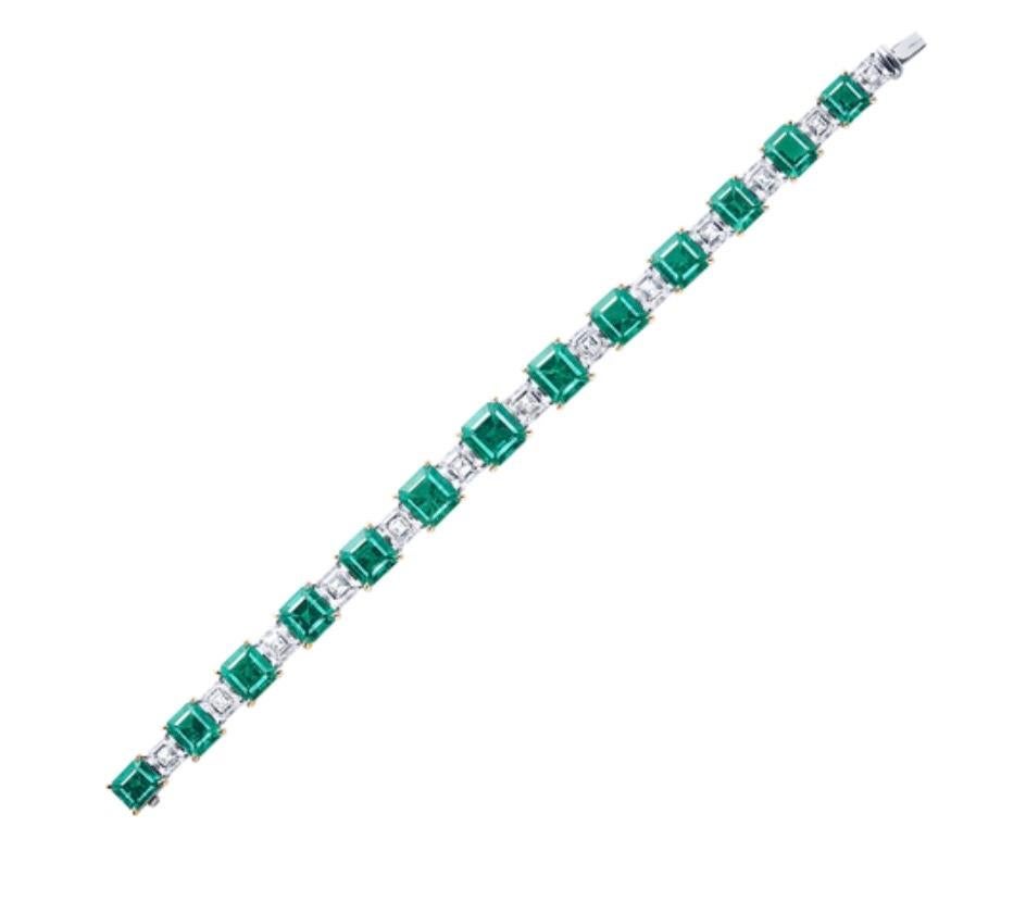 Emerald Cut Emilio Jewelry 22 Carat Muzo No Oil Untreated Certified Emerald Diamond Bracelet For Sale