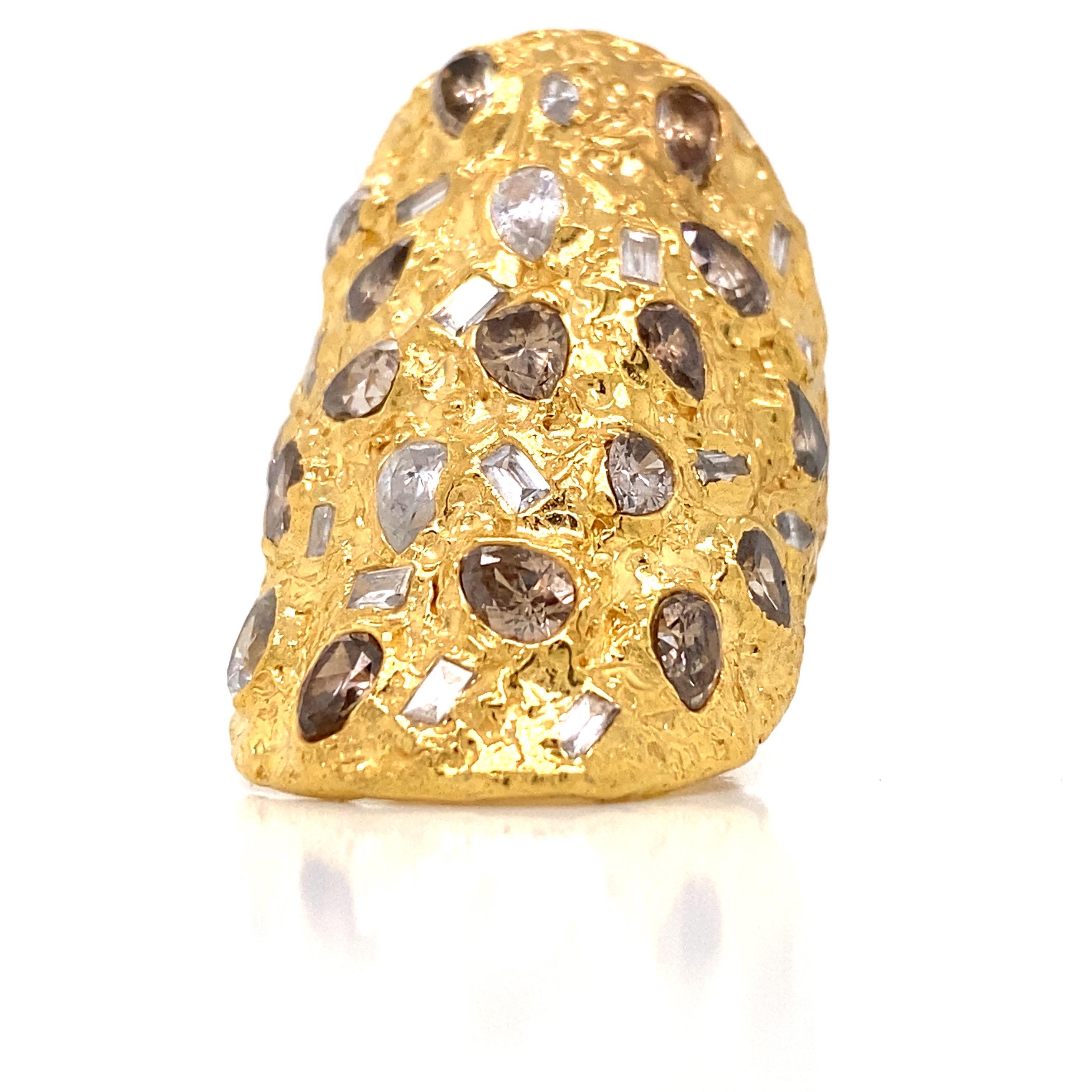 Mixed Cut Emilio Jewelry 22 Karat Gold Hand Hammered 3.22 Carat Diamond Ring For Sale