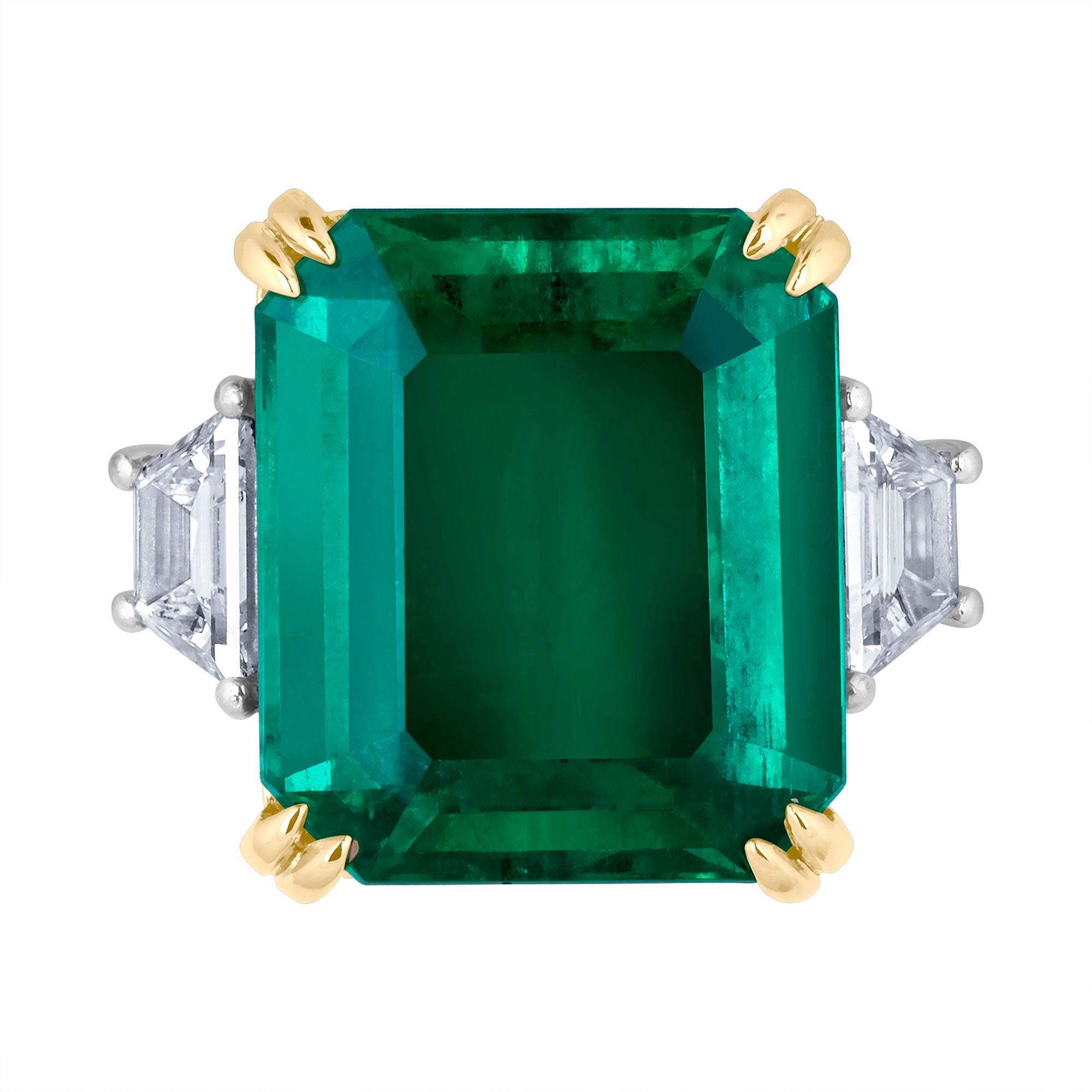Emilio Jewelry 22.47 Carat Certified Columbian Emerald Diamond Platinum Ring