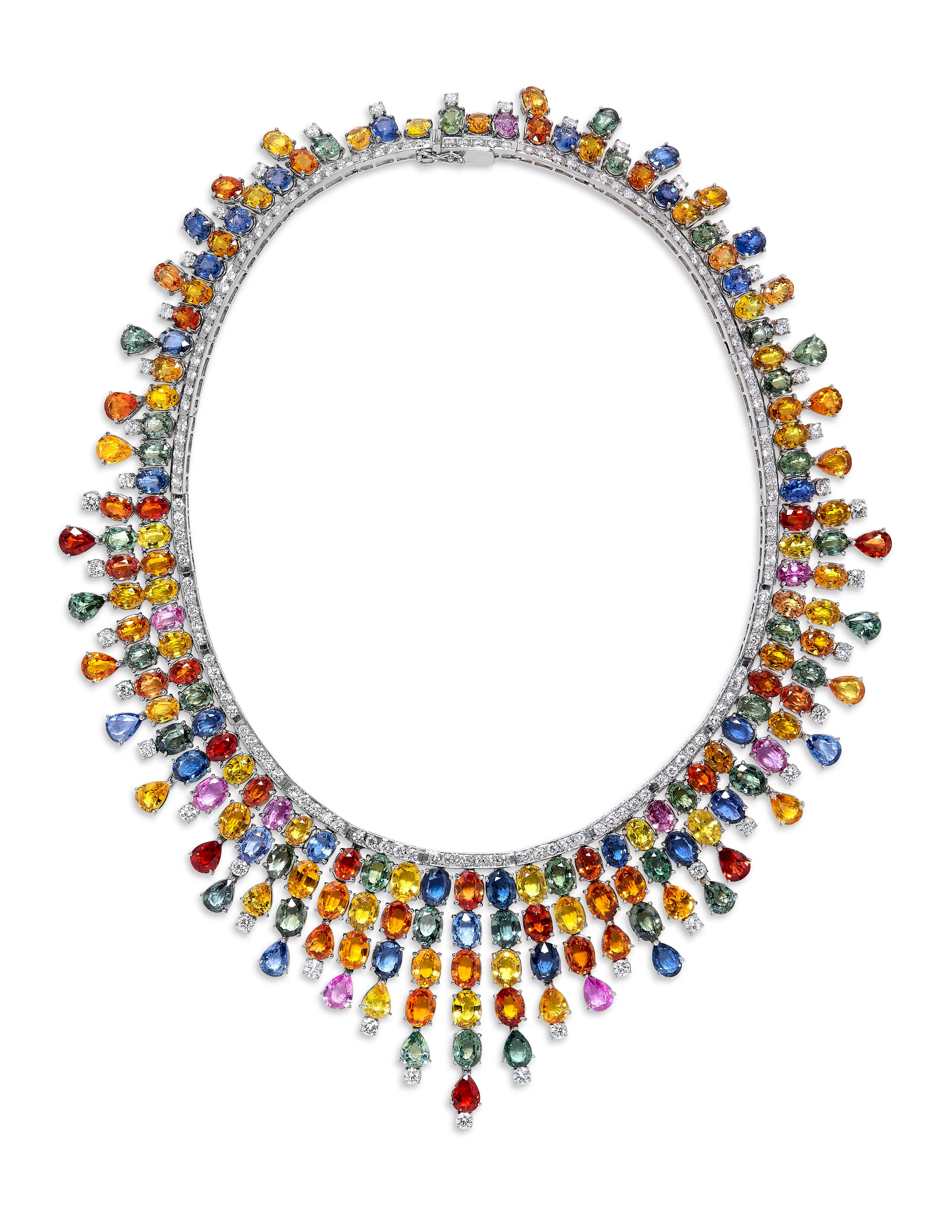 From the museum vault at Emilio Jewelry in New York,
A one of a kind hand made necklace with 176 multi colored natural sapphires matched perfectly. Please see the details below. Please inquire for more details! 
174 diamonds 12.22cts E-F vvs2+
176