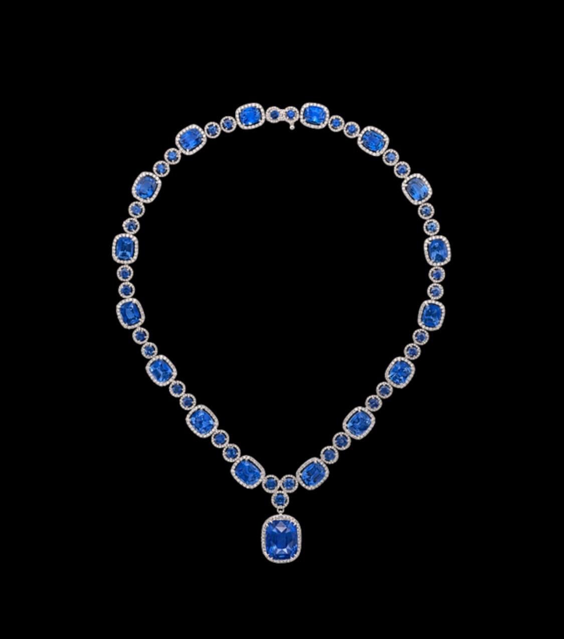 Cushion Cut Emilio Jewelry 23.00 Carat GIA Certified Natural Sapphire Diamond Necklace For Sale