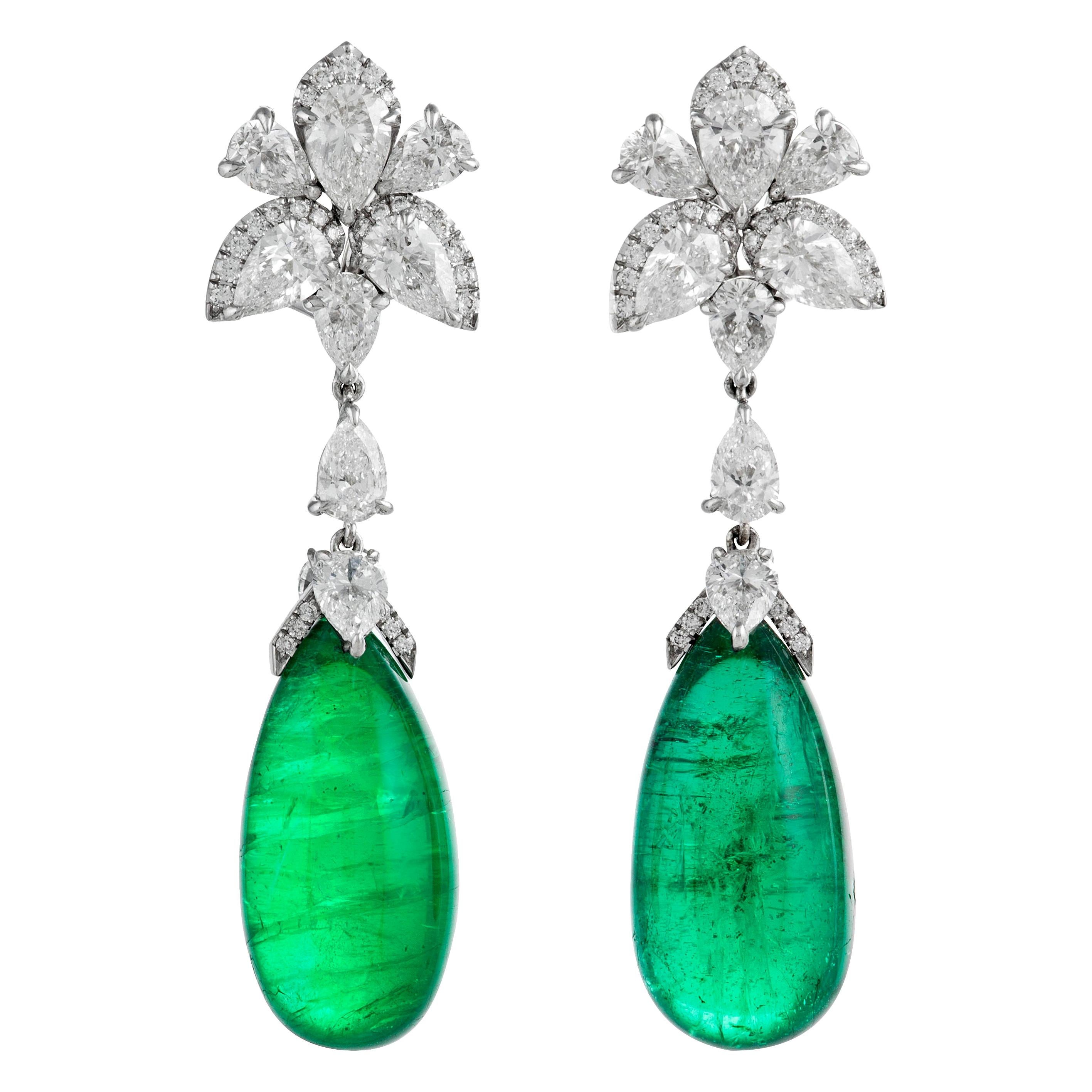 Emilio Jewelry 25.21 Carat Oval Cabochon Emeralds Diamonds Gold Earrings