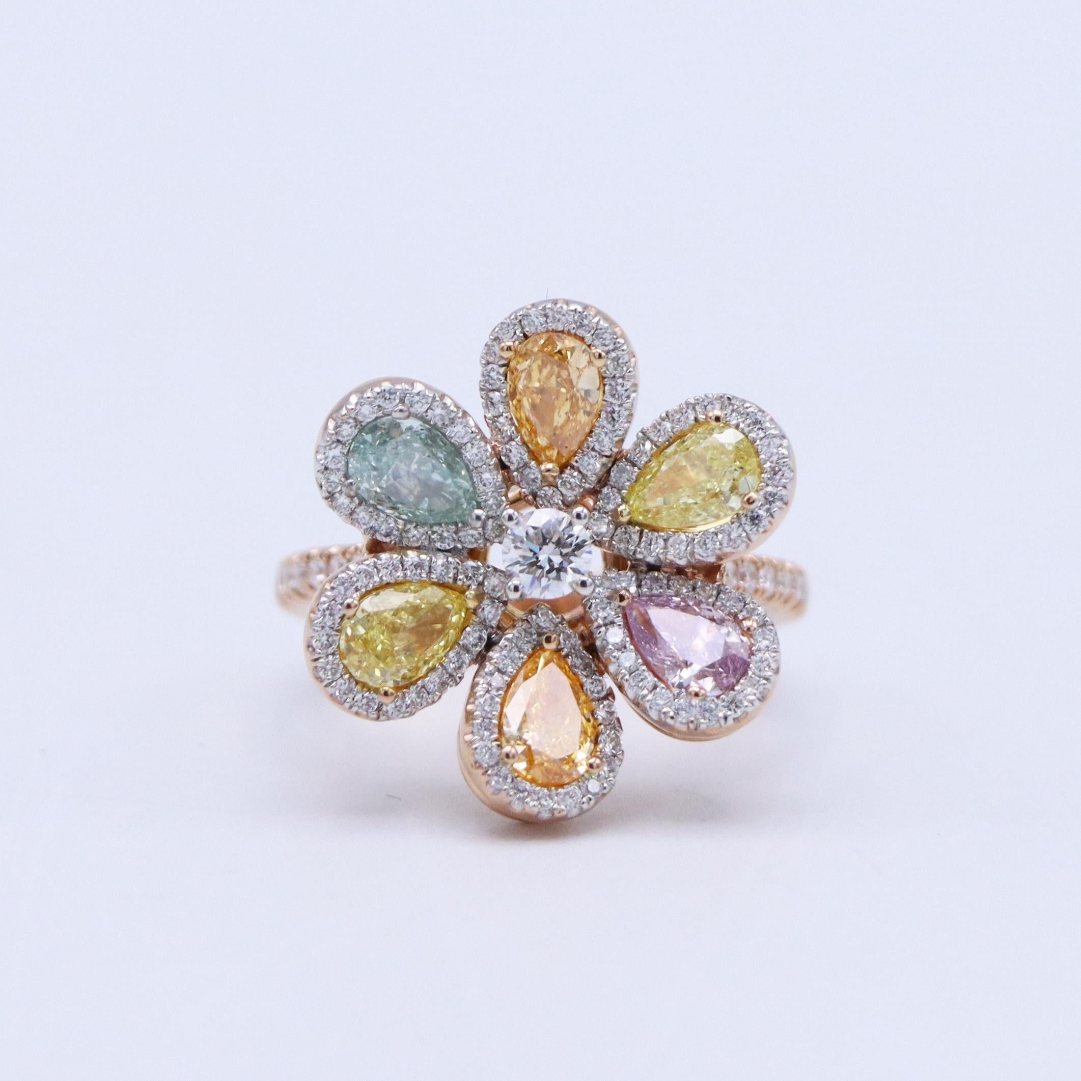 Women's or Men's Emilio Jewelry 2.53 Carat Fancy Mixed Diamond Flower Cluster Ring