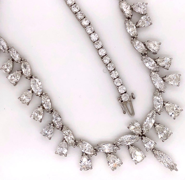 Hand made in the Emilio Jewelry Atelier, this necklace is 16 inches long and can be lengthened or shortened. 
Showcasing approx 26.75 carats of large Marquise and Pear shaped diamonds graduating from 13mm in length very slowly downwards. Most of the