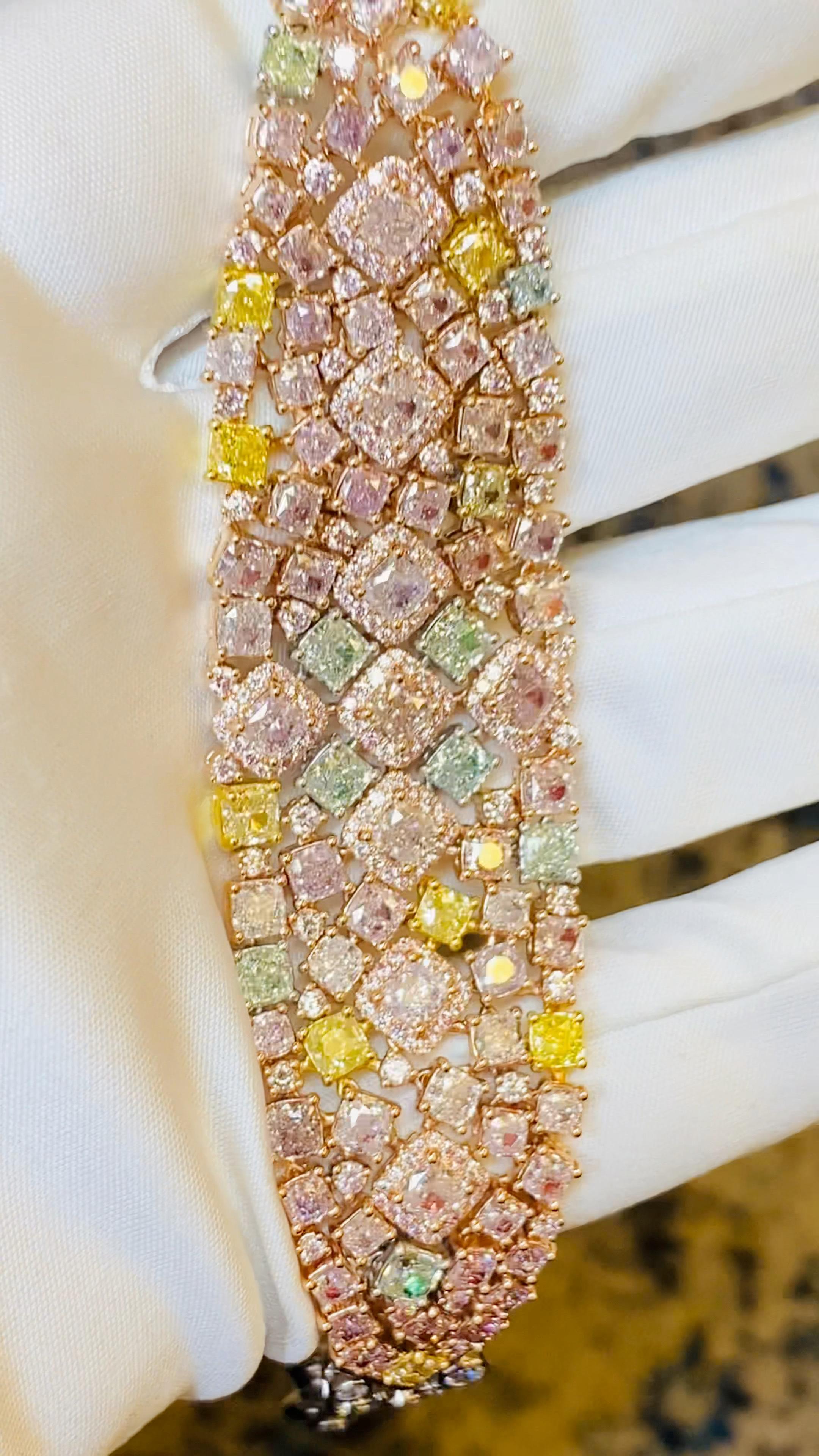 Another hand made masterpiece from the Museum Vault At Emilio Jewelry, located on New York's iconic Fifth Avenue. This bracelet took years of accumulating natural fancy color Green, pink, and yellow diamonds, and then over 6 months to create the