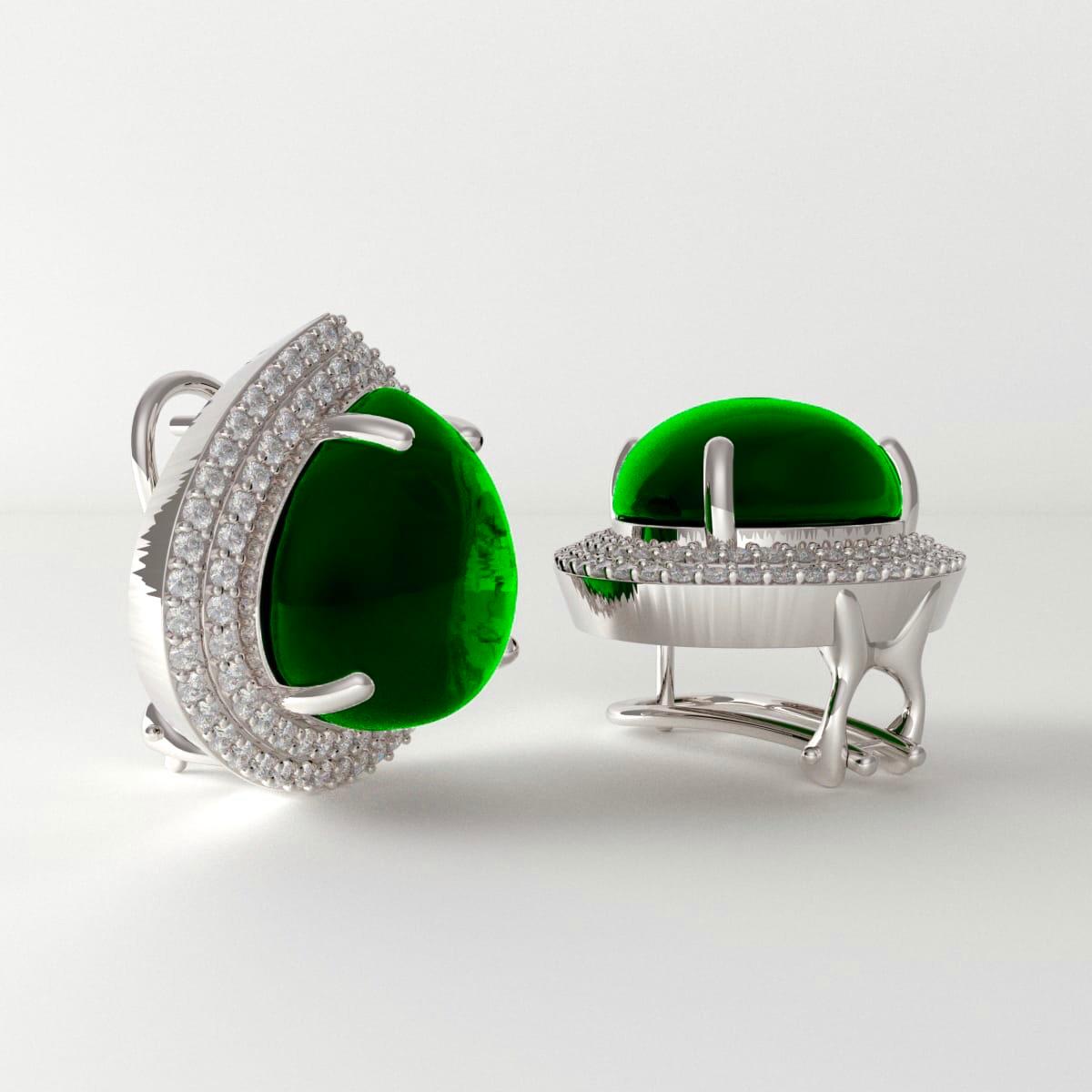 Emilio Jewelry 28.00 Carat Cabochon Emerald Diamond Earrings Set in Platinum In New Condition In New York, NY