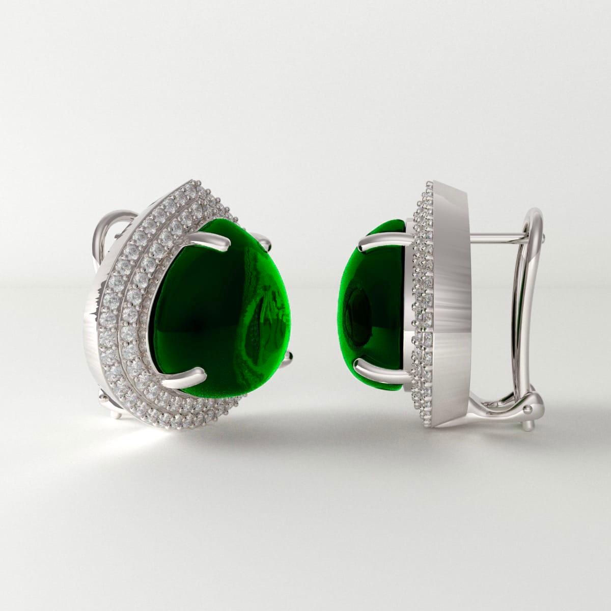 Women's Emilio Jewelry 28.00 Carat Cabochon Emerald Diamond Earrings Set in Platinum