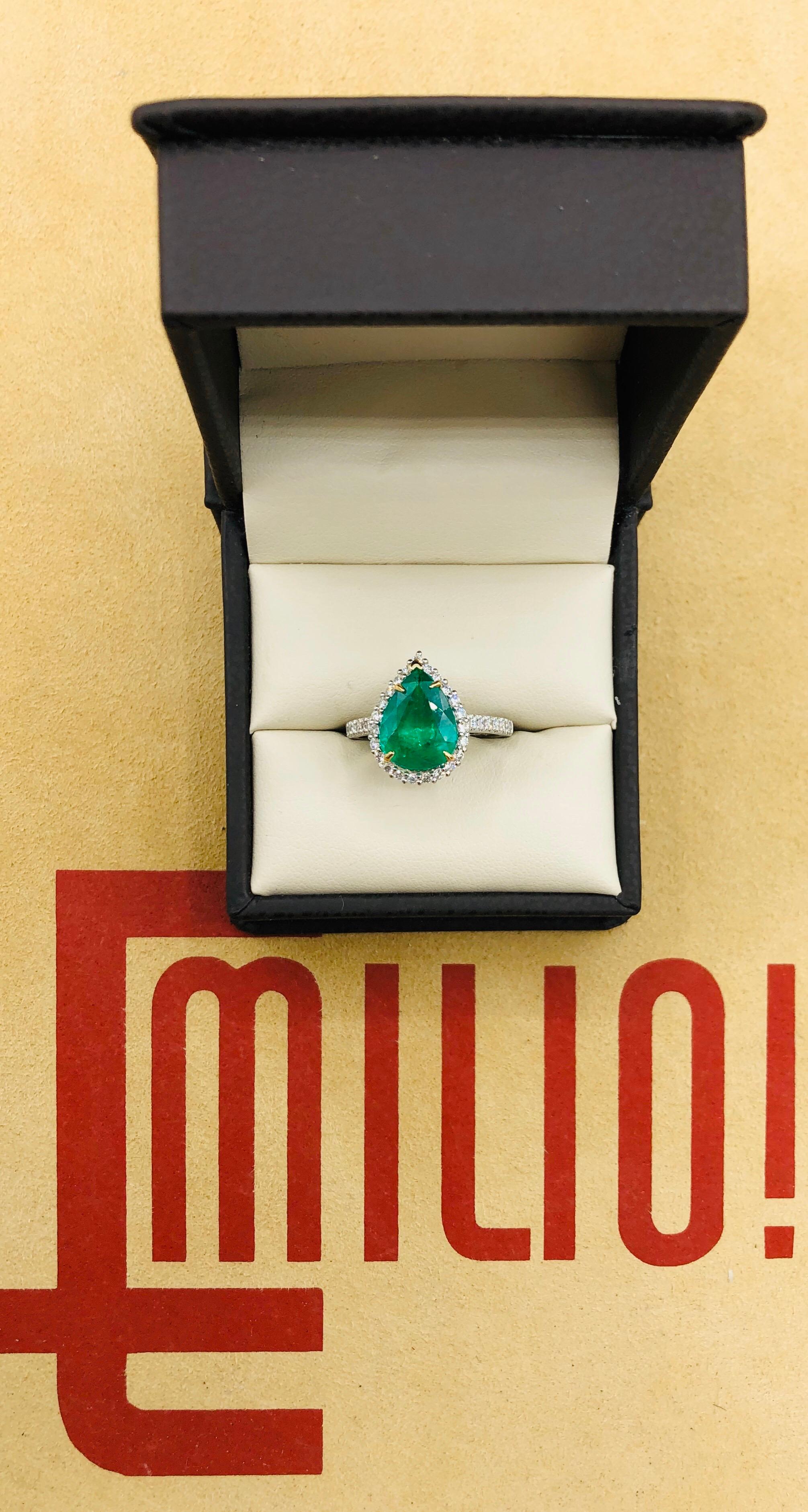 Showcasing pear shape 2.48ct Genuine Emerald certified by C.Dunaigre as vivid green color and Zambian origin. Based on emerald grading methodology the clarity of the emerald is Internally flawless-vvs1 with no imperfections visible to the naked eye.