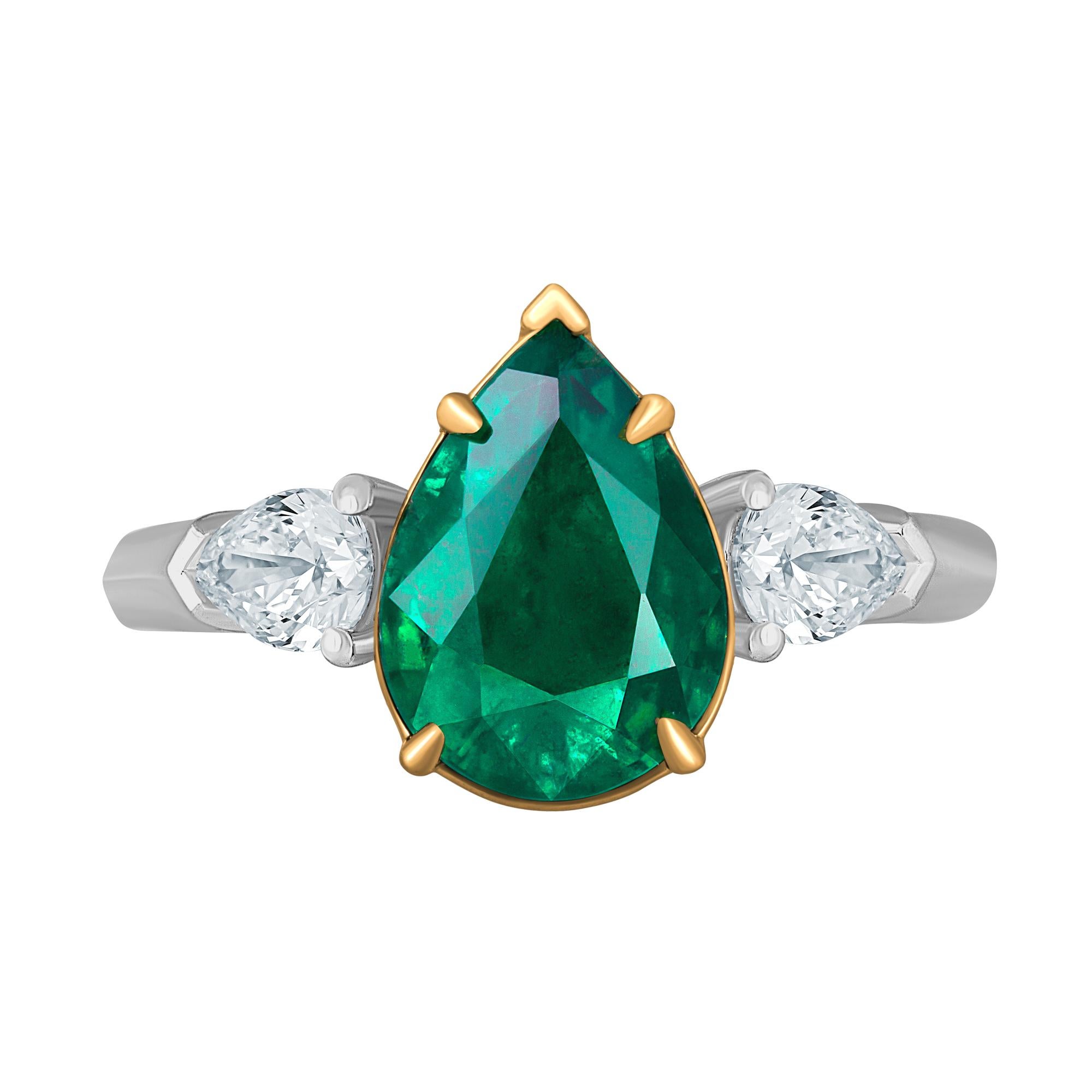 Emilio Jewelry 3.20 Carat Pear Shape Emerald Diamond Ring