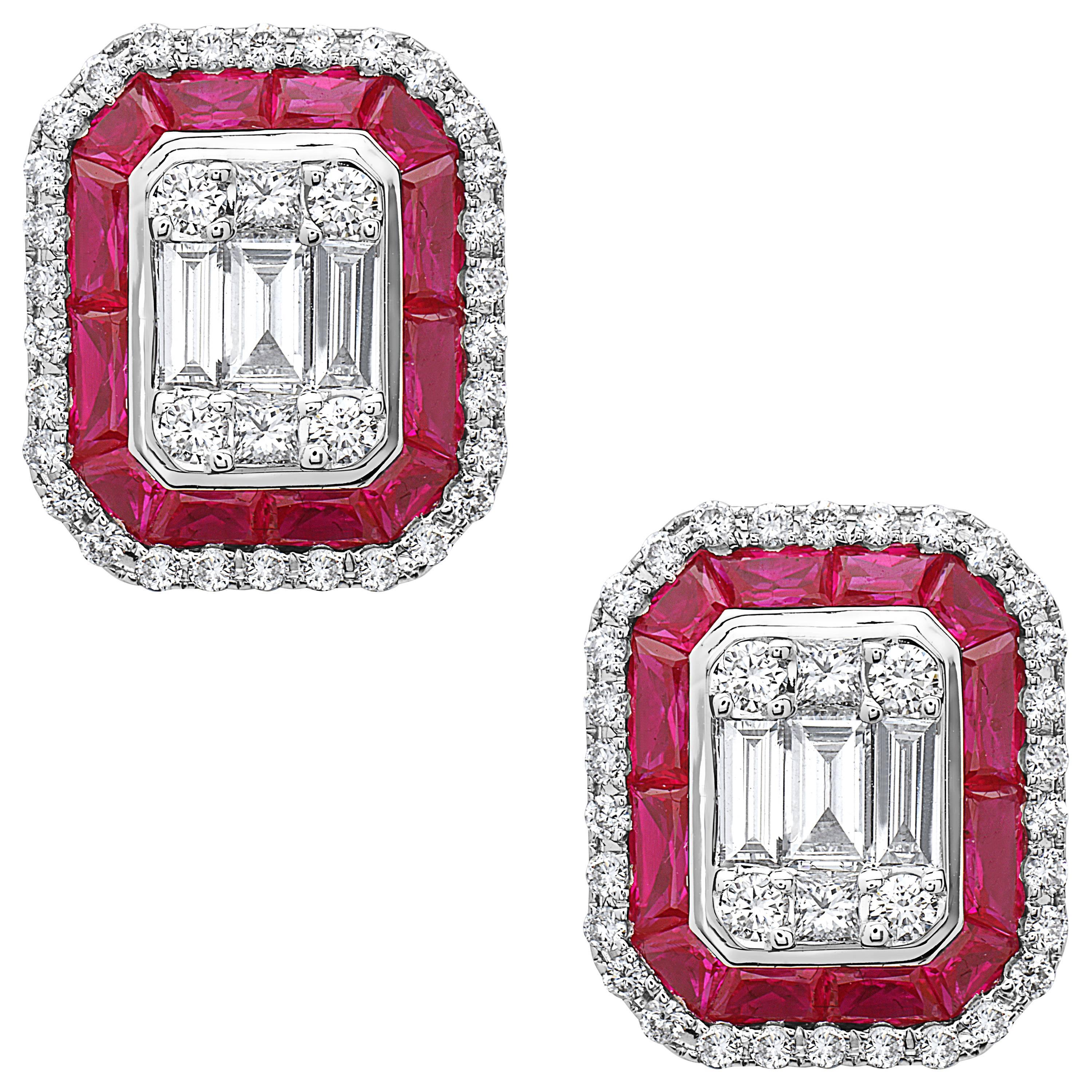 Emilio Jewelry 3.45 Carat Unique Ruby Diamond Stud Earrings For Sale