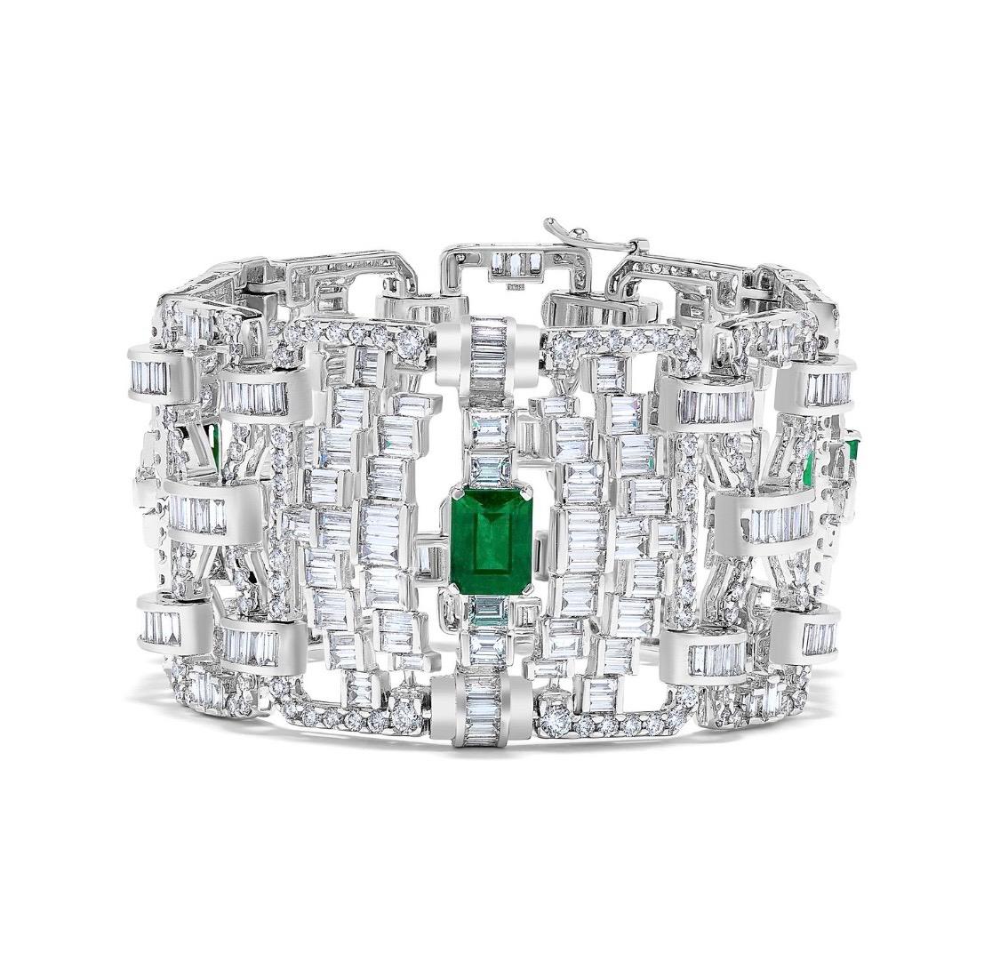 From the Emilio Jewelry Vault, Showcasing a stunning bracelet:
Emeralds: Certified Colombian emeralds 5.00 Carats are vivid green color with excellent crystal and excellent transparency. 
diamonds: 36.20 carats colorless vvs1 clarity. 
Please