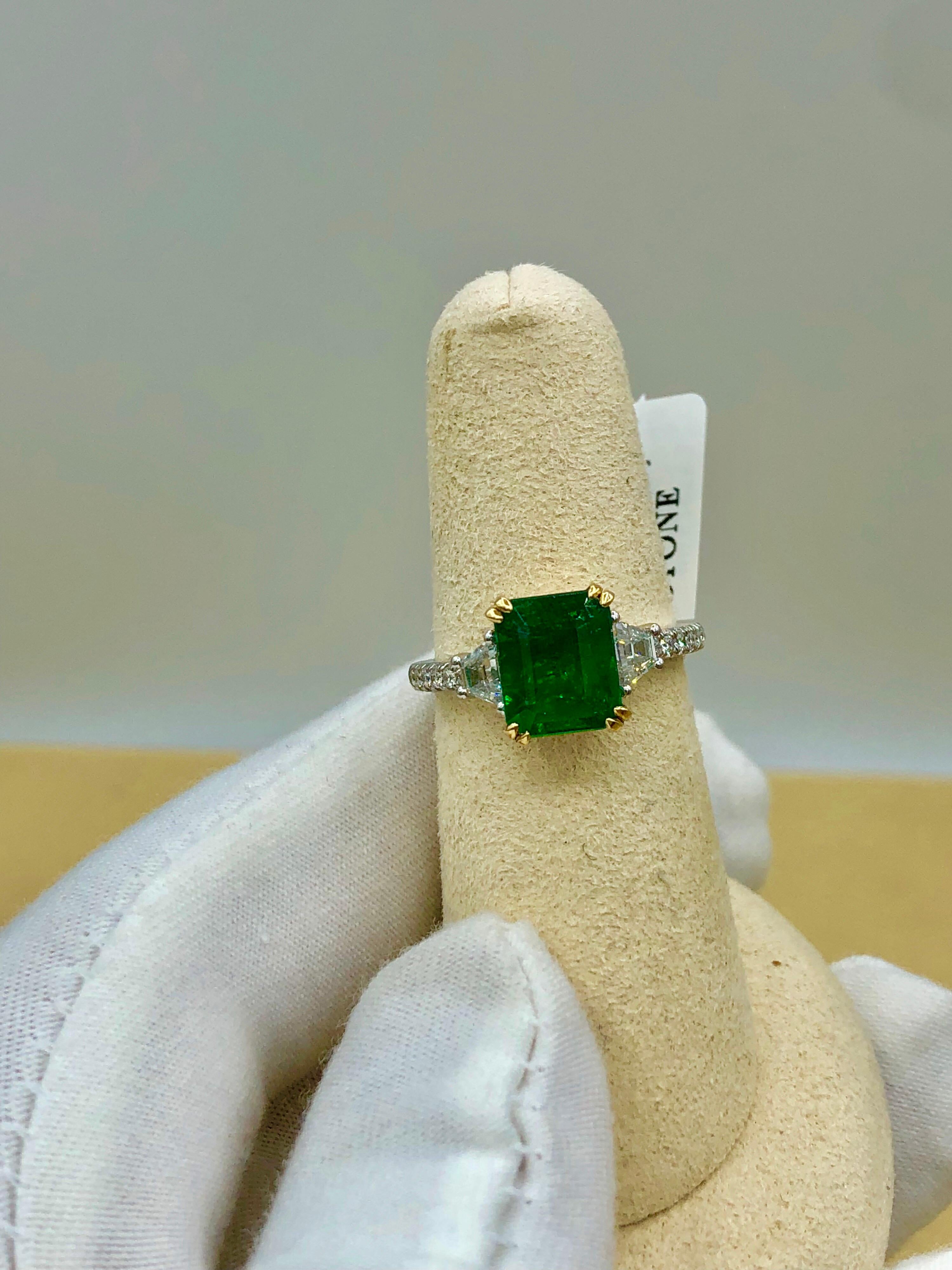 Emilio Jewelry Certified Vivid Green 3.85 Carat Emerald Diamond Platinum Ring 6