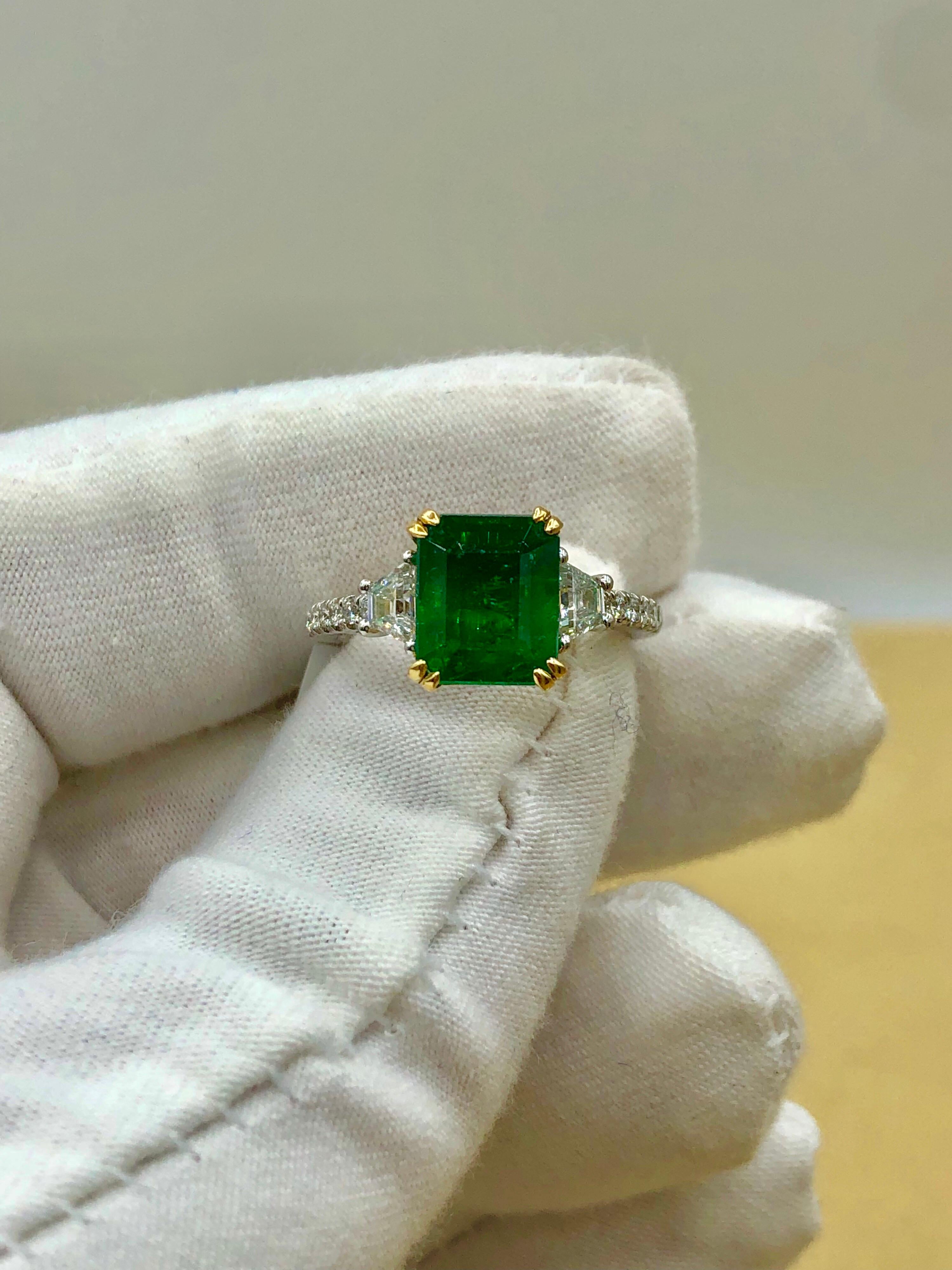 Emilio Jewelry Certified Vivid Green 3.85 Carat Emerald Diamond Platinum Ring 9
