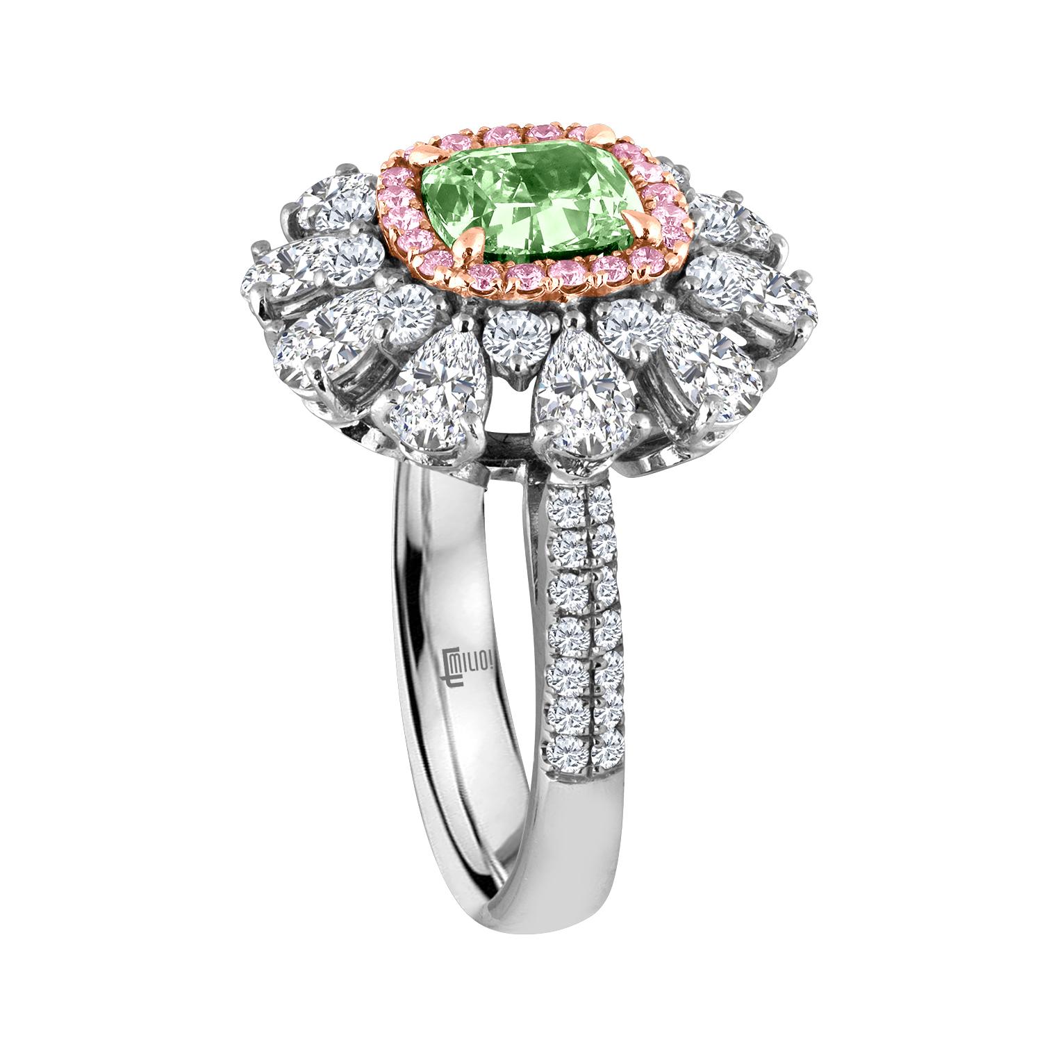 Manufactured in the one and only Emilio Jewelry factory this one and only Green diamond ring is for the person who has everything, except this! Green diamonds are the rarest of all the colors. The center diamond is a natural GIA certified 1.80 carat