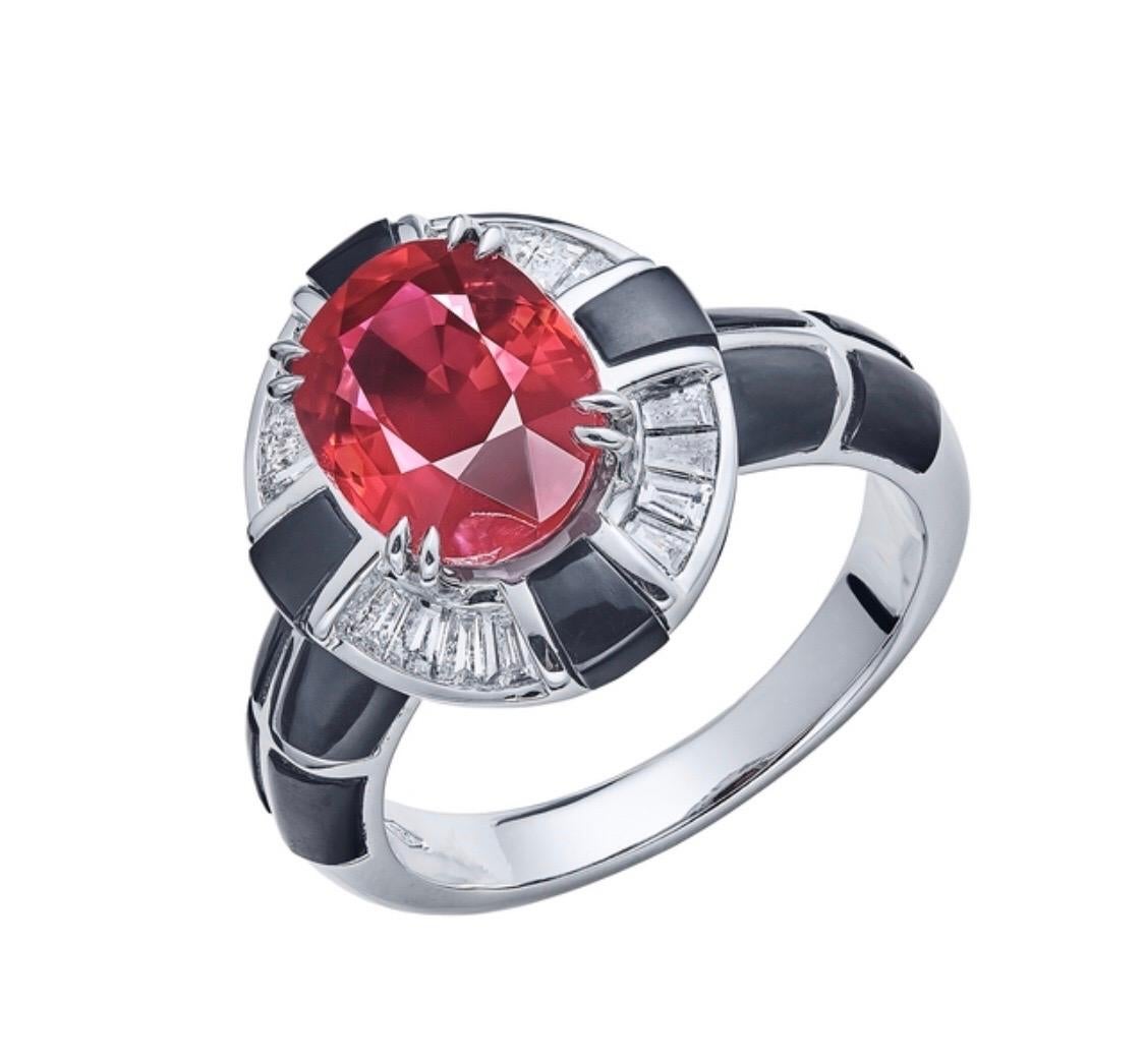 From the Emilio Jewelry Vault, We are Showcasing a certified 4.00 Carat unheated vivid red pigeon blood ruby set in the center. We settle for nothing but the best in color, clarity, and vibrant gems.
This piece was Hand made in the Emilio Jewelry