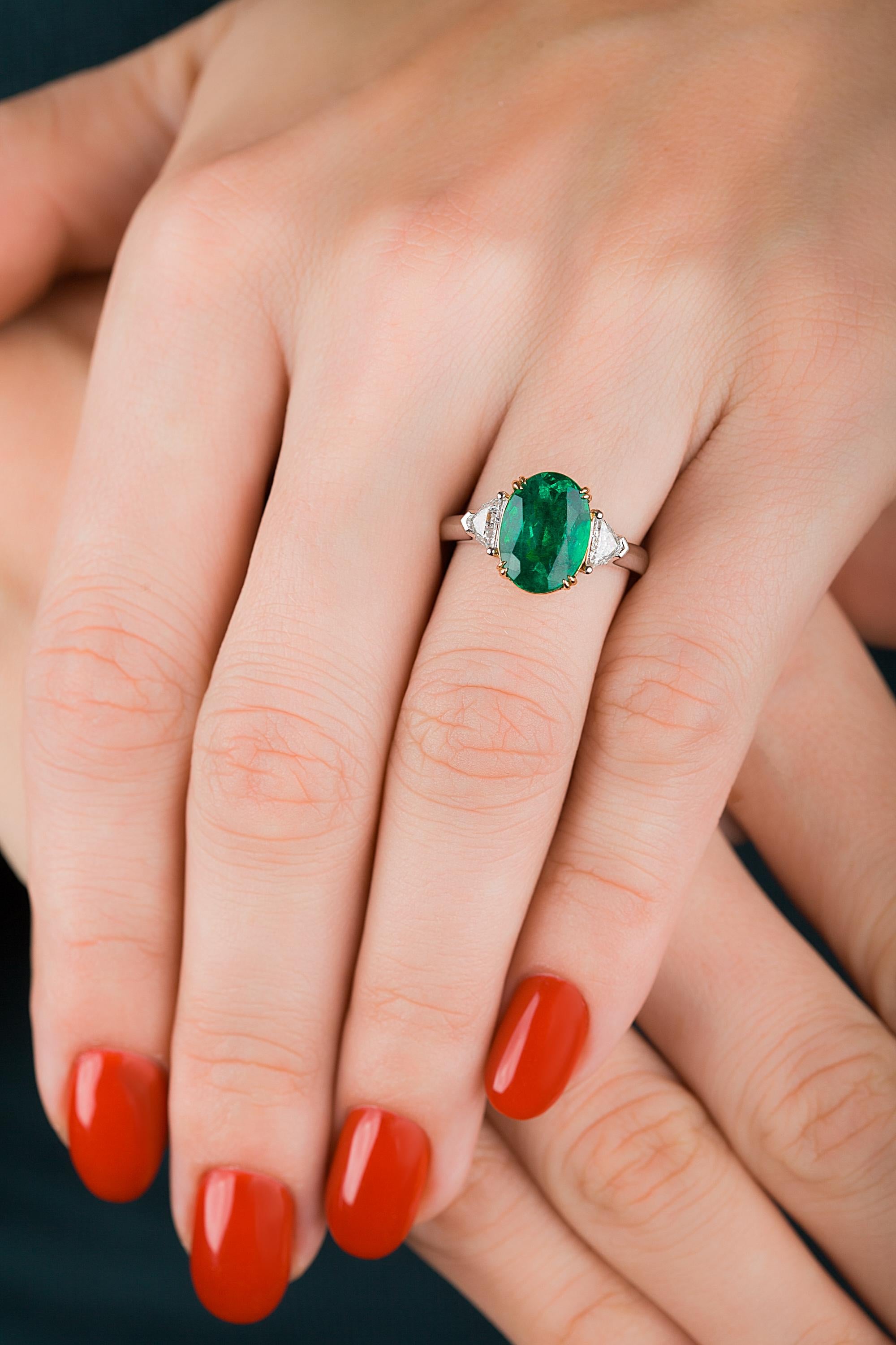 Emilio Jewelry 4.18 Carat Oval Emerald Diamond Ring 4