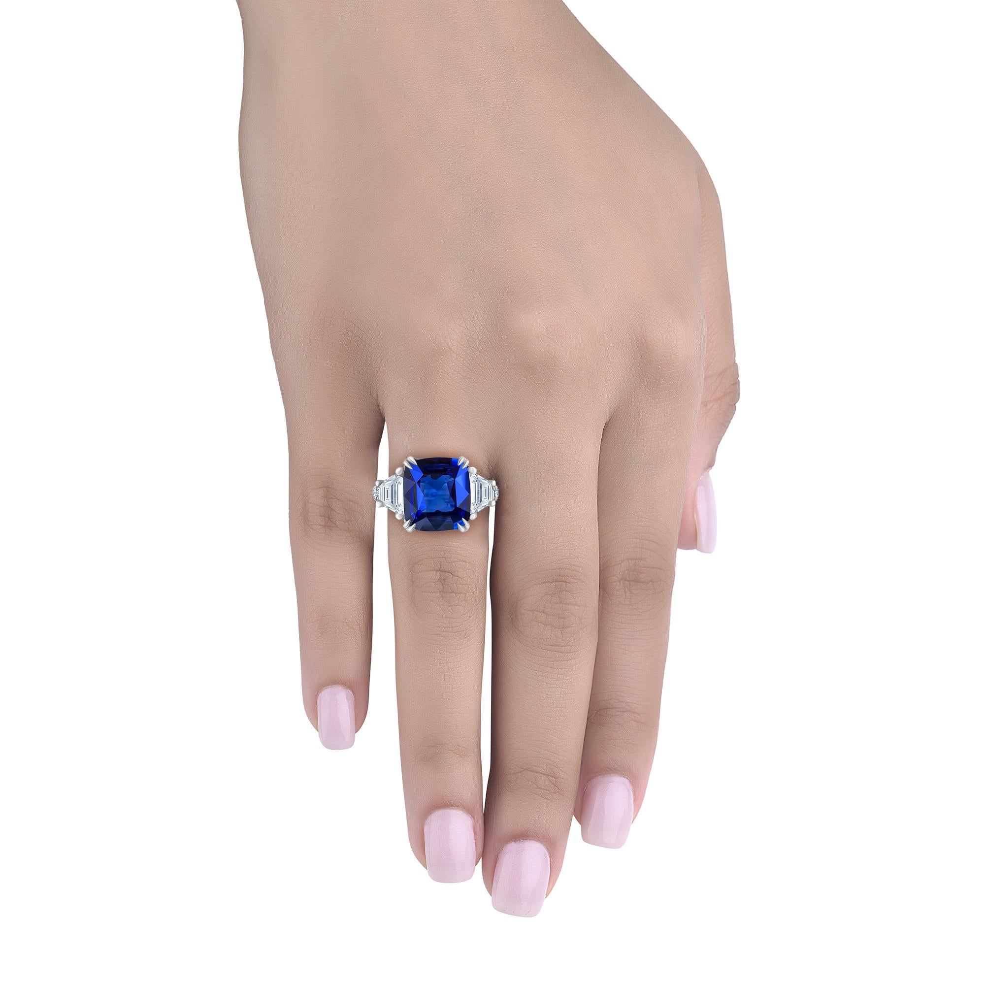 Cushion Cut Emilio Jewelry 4.24 Carat Vivid Blue Sapphire Diamond Ring For Sale