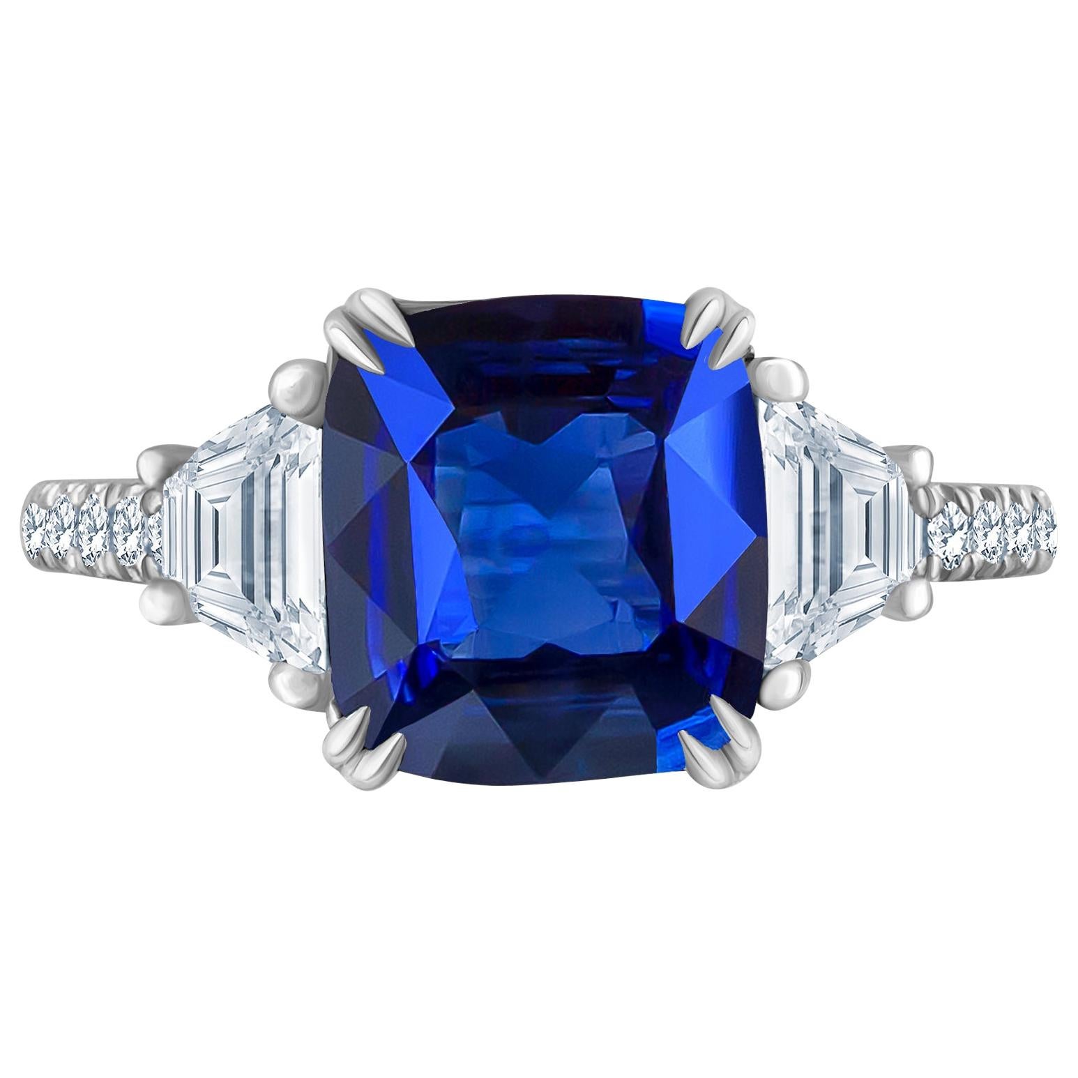 Emilio Jewelry 4.24 Carat Vivid Blue Sapphire Diamond Ring For Sale