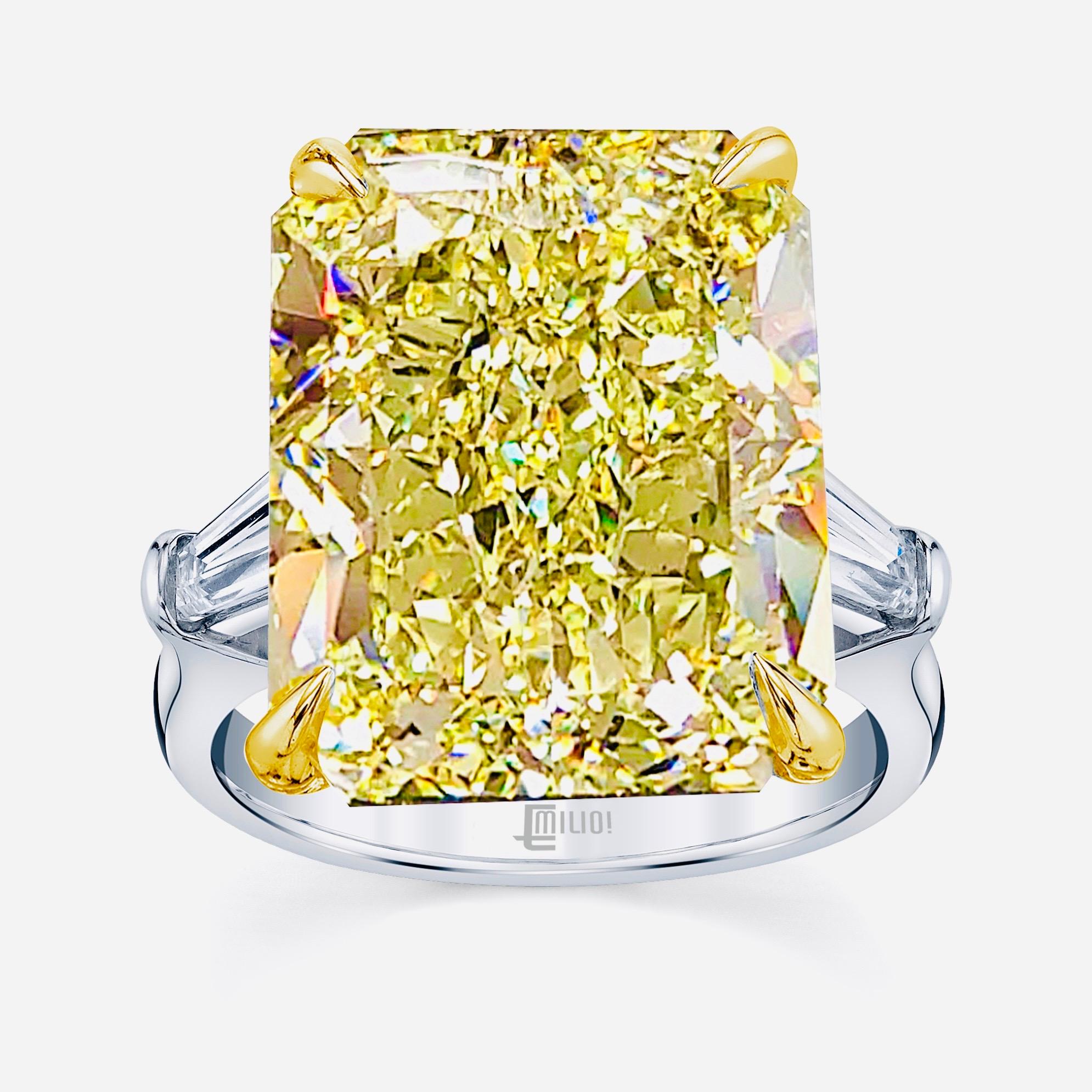 Radiant Cut Emilio Jewelry 43.00 Carat Fancy Intense Yellow Diamond Ring For Sale