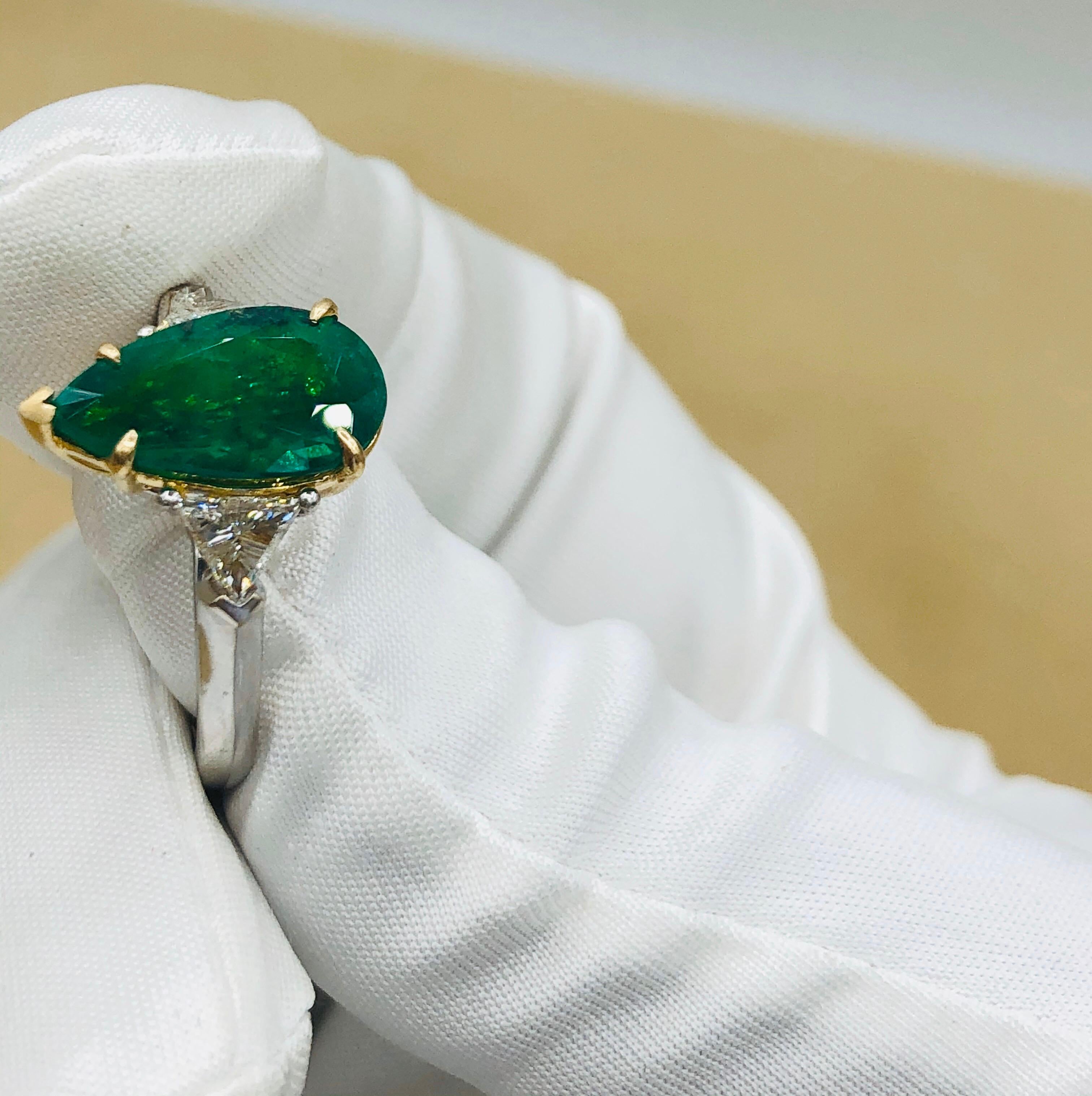 Emilio Jewelry 4.40 Carat Colombian Pear Shape Emerald Diamond Ring For ...