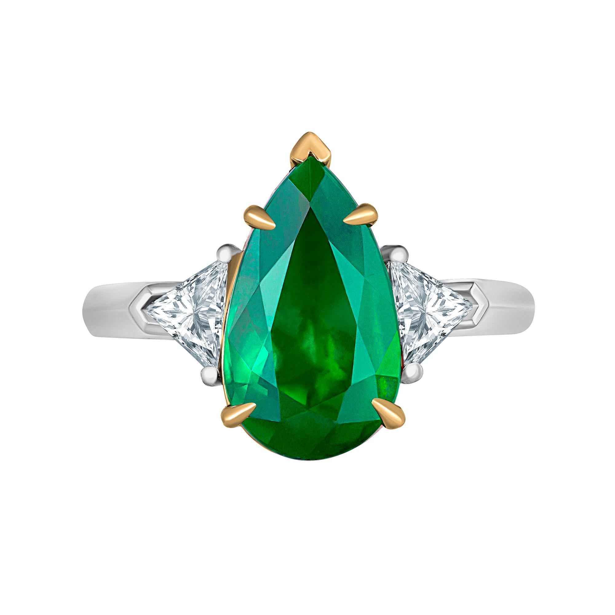 Emilio Jewelry 4.40 Carat Colombian Pear Shape Emerald Diamond Ring For Sale