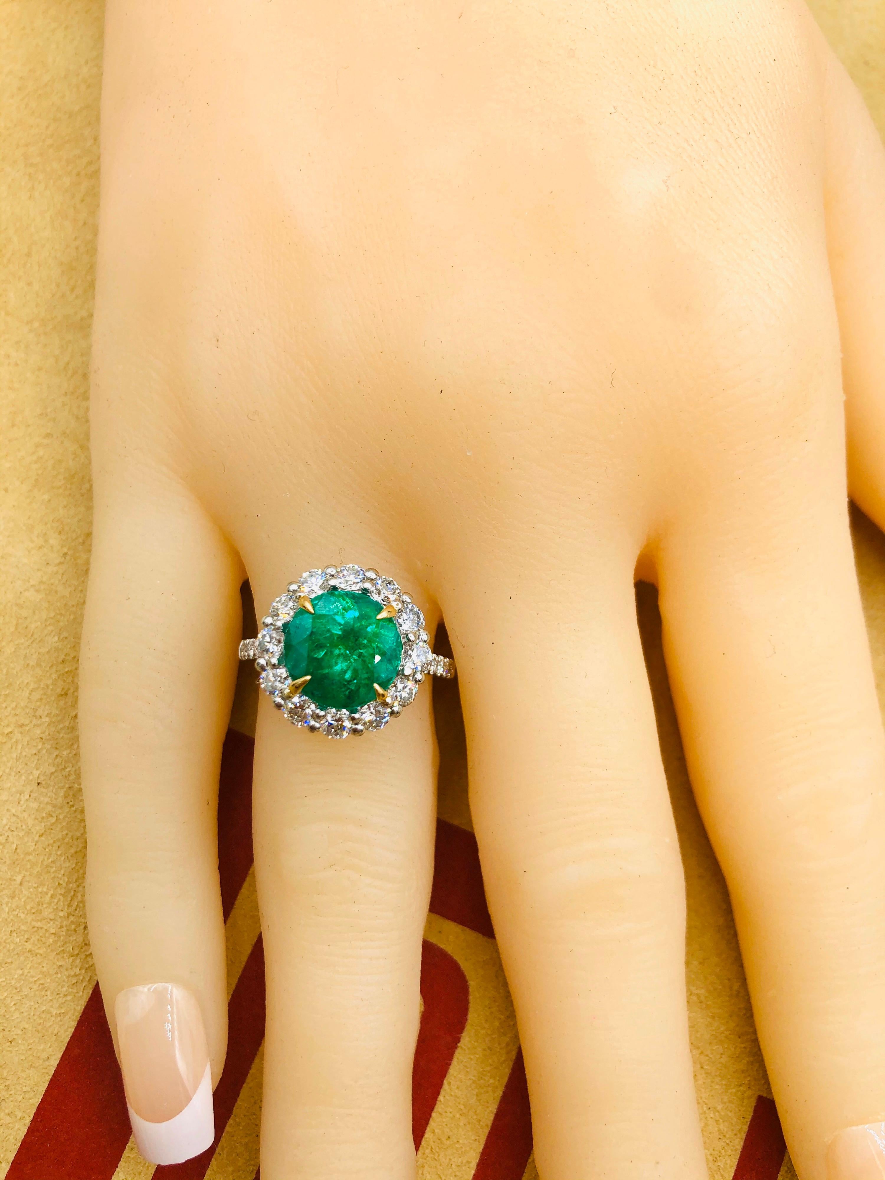 Emilio Jewelry 5.46 Carat Certified Colombian Emerald Diamond Ring For Sale 3