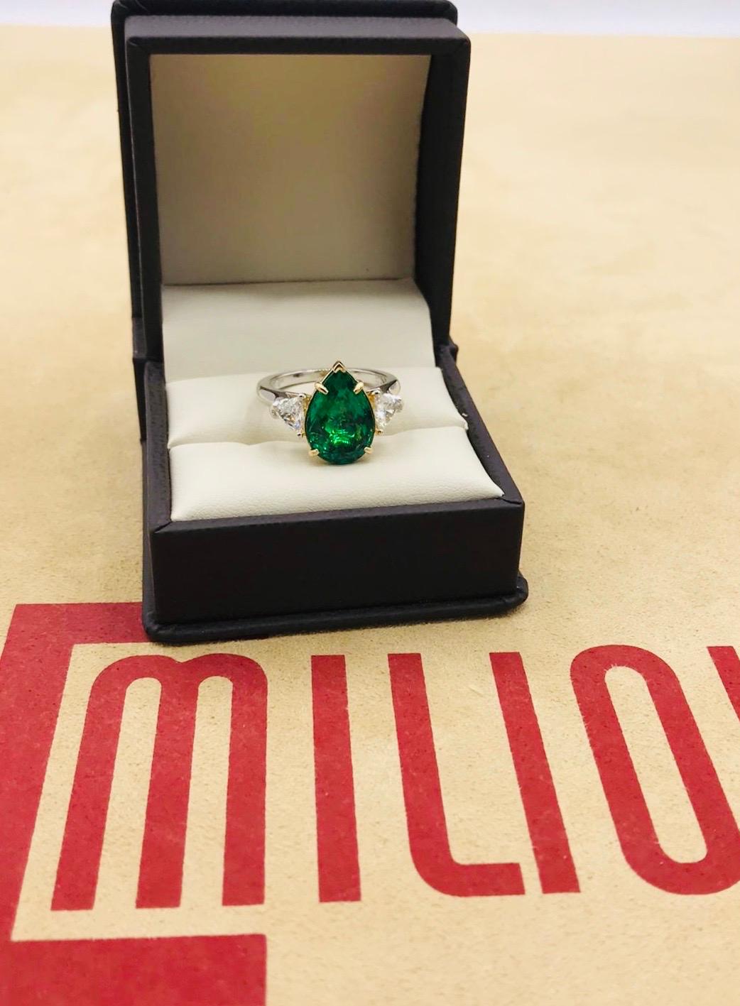 Pear Cut Emilio Jewelry 5.49 Carat Pear Shape Emerald Diamond Ring